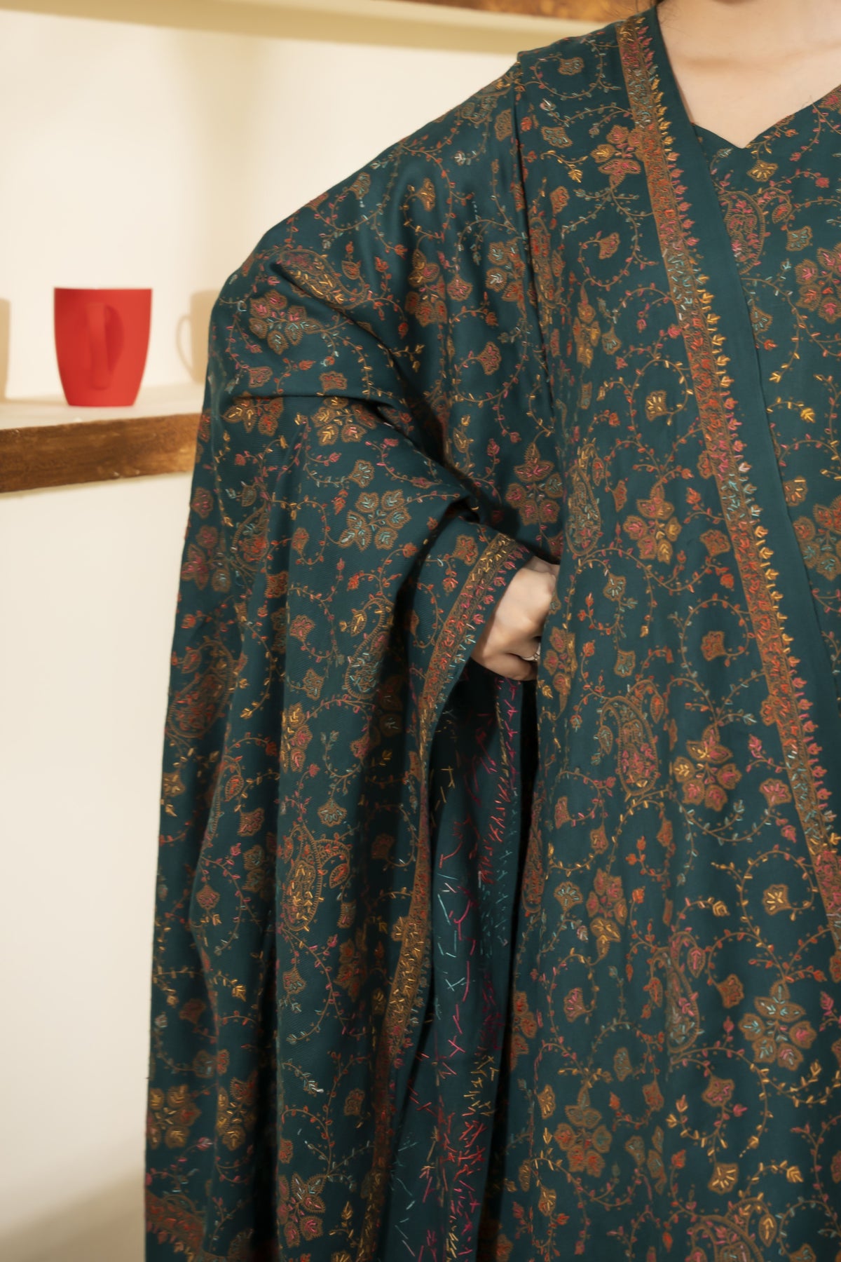 Teal Pashmina Needlework Shawl