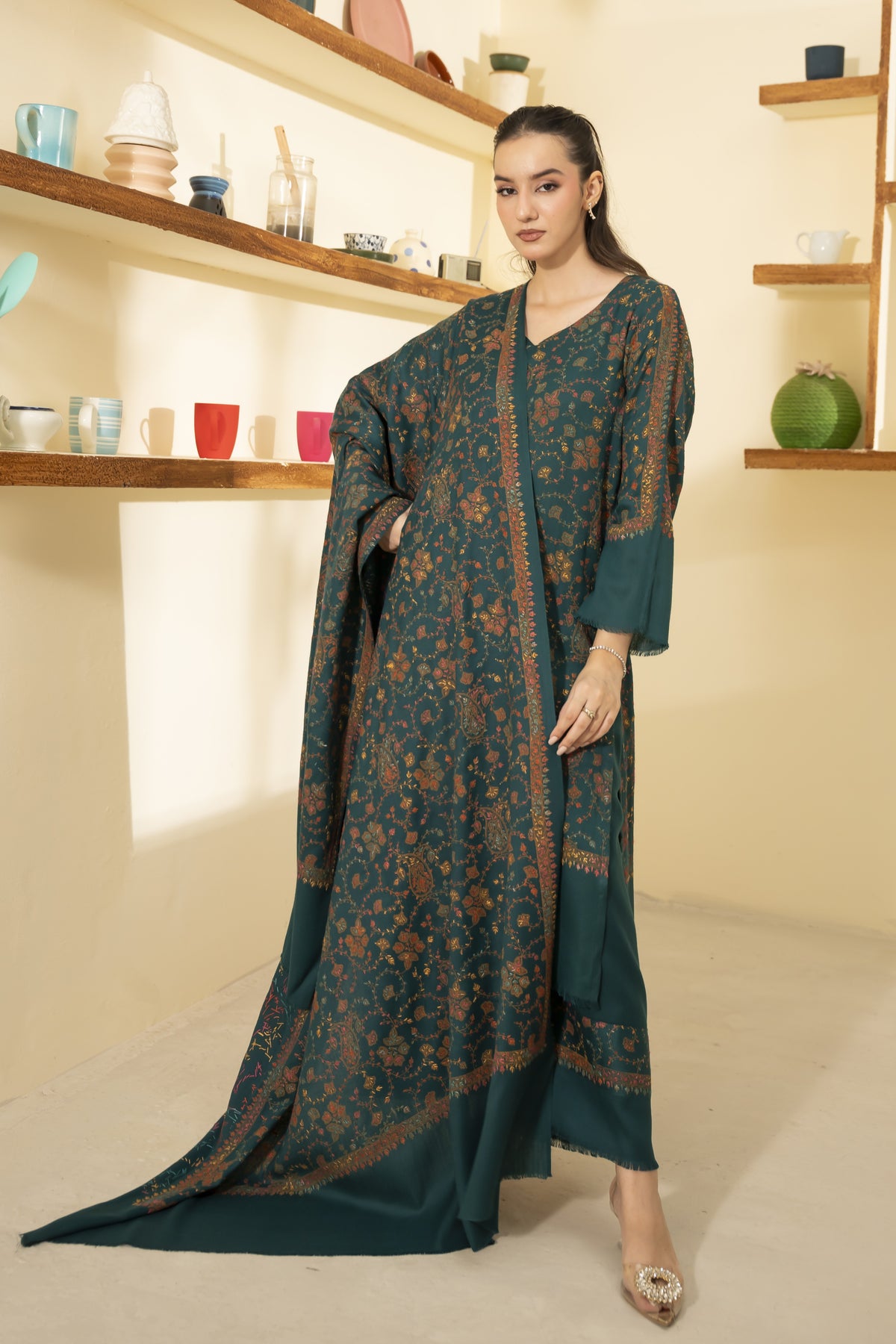 Teal Pashmina Needlework Shawl