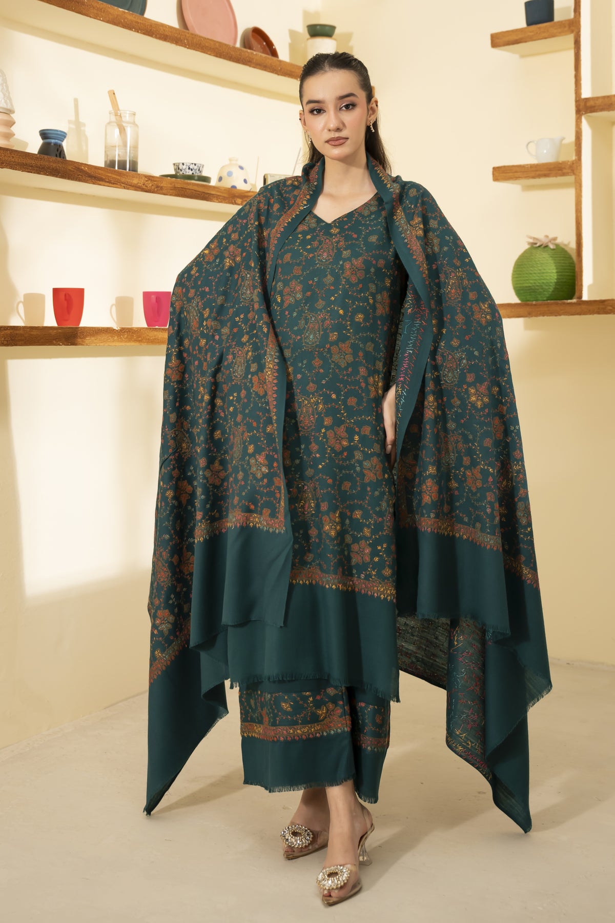 Teal Pashmina Needlework Shawl