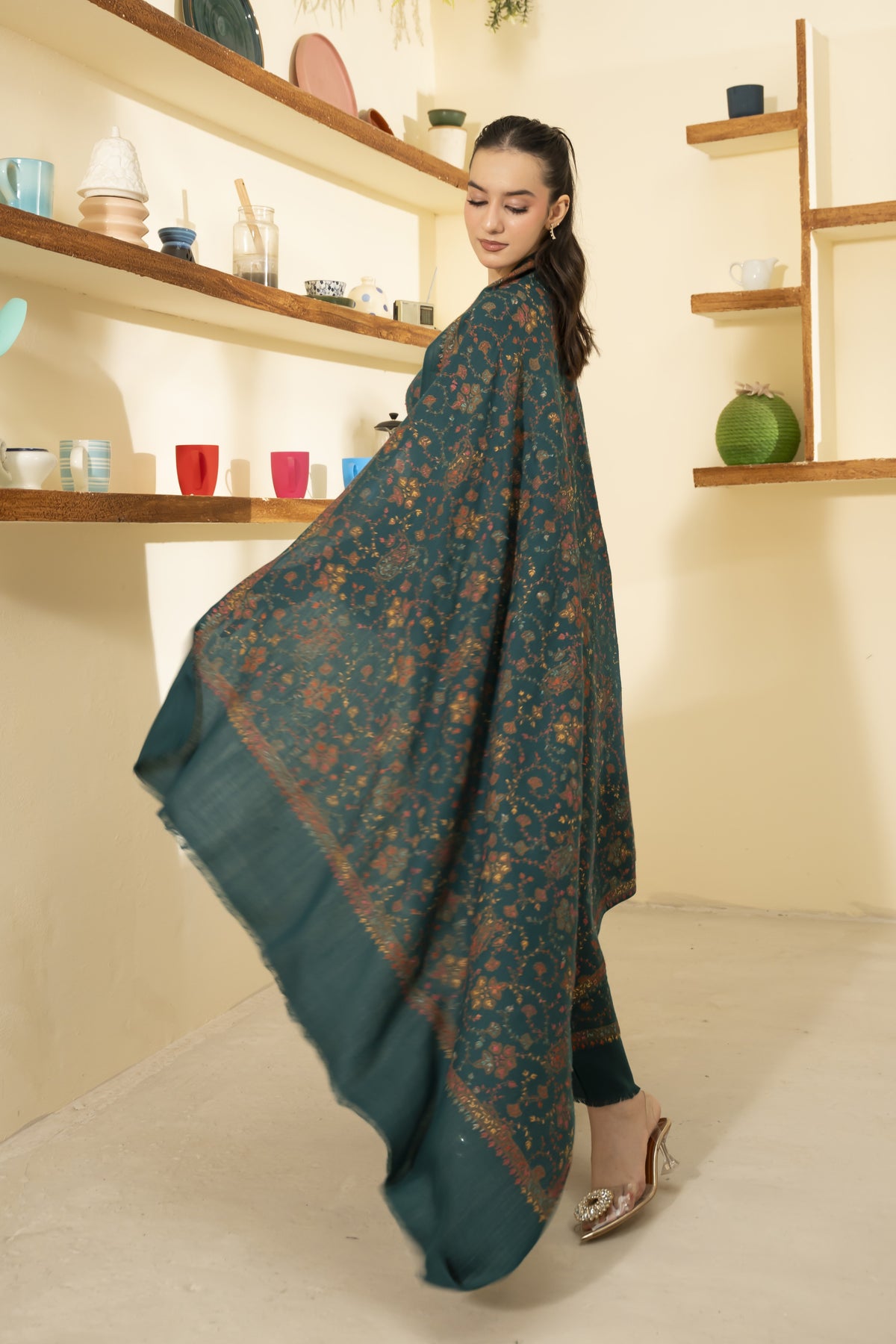 Teal Pashmina Needlework Shawl