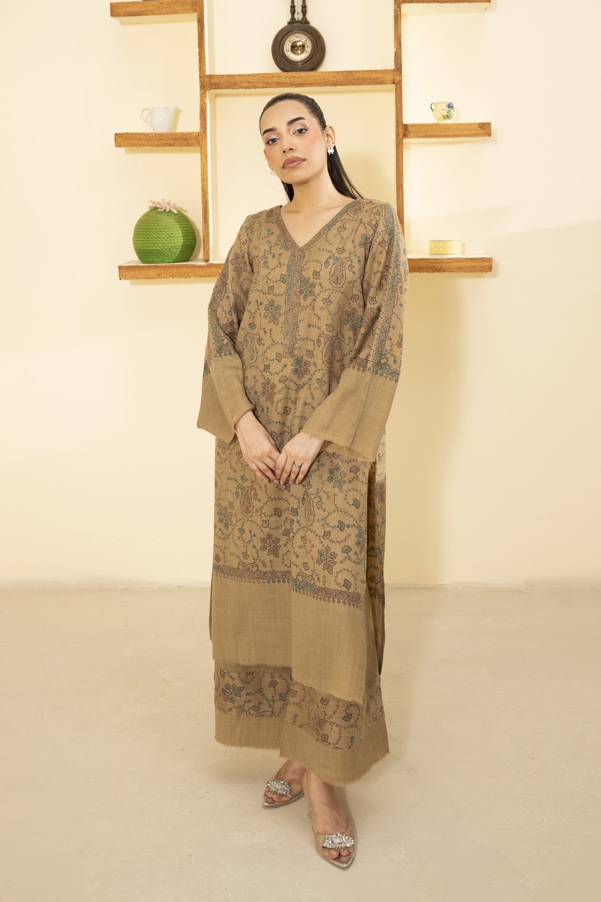 Hand Embroidered Pashmina Wool Coord Set - Beige