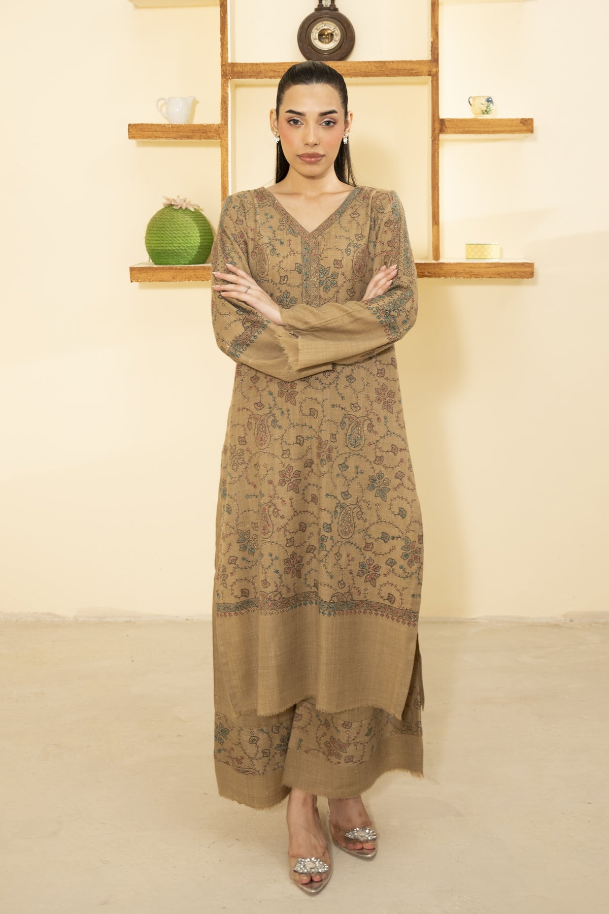 Hand Embroidered Pashmina Wool Coord Set - Beige