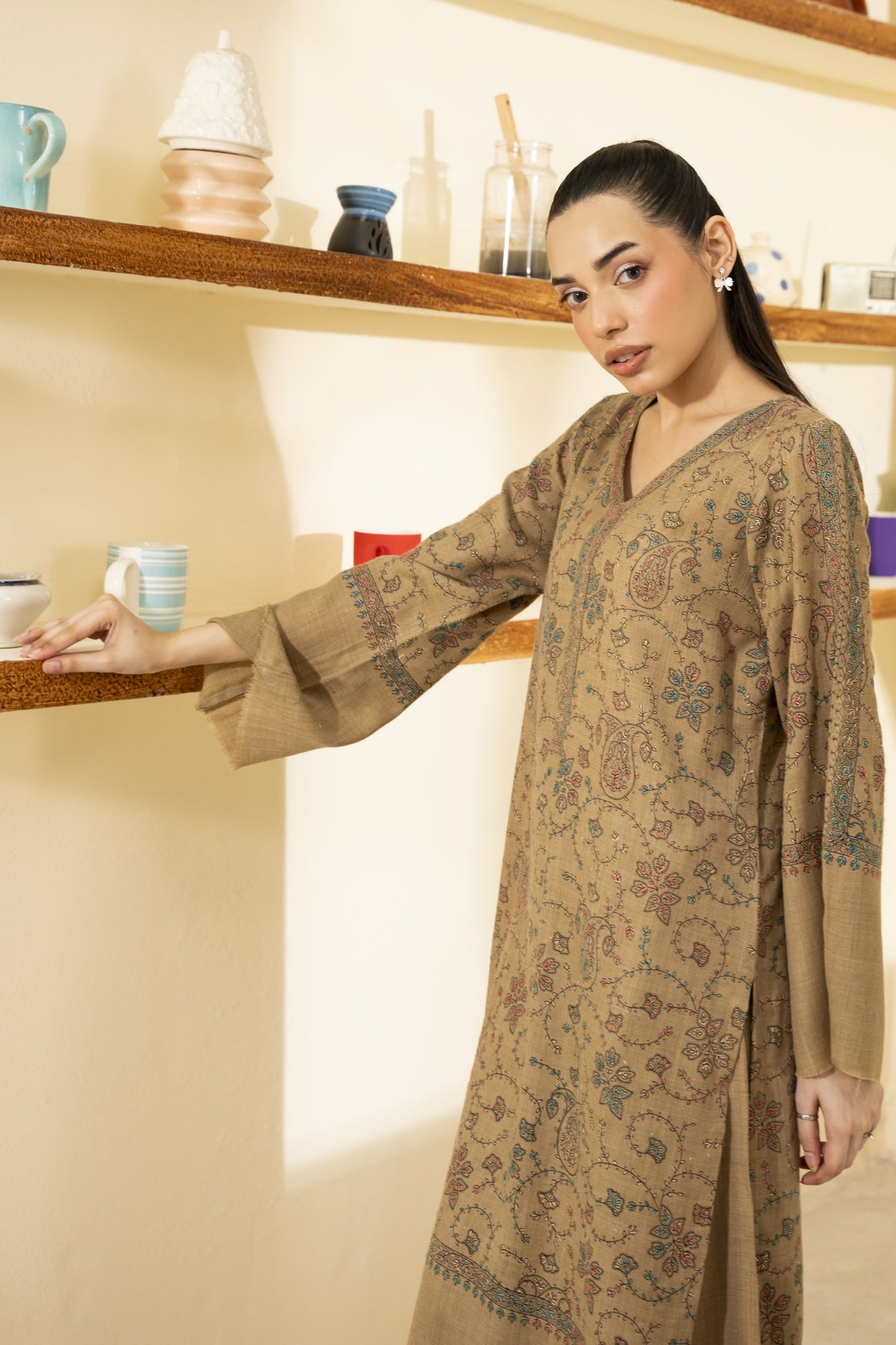 Hand Embroidered Pashmina Wool Coord Set - Beige