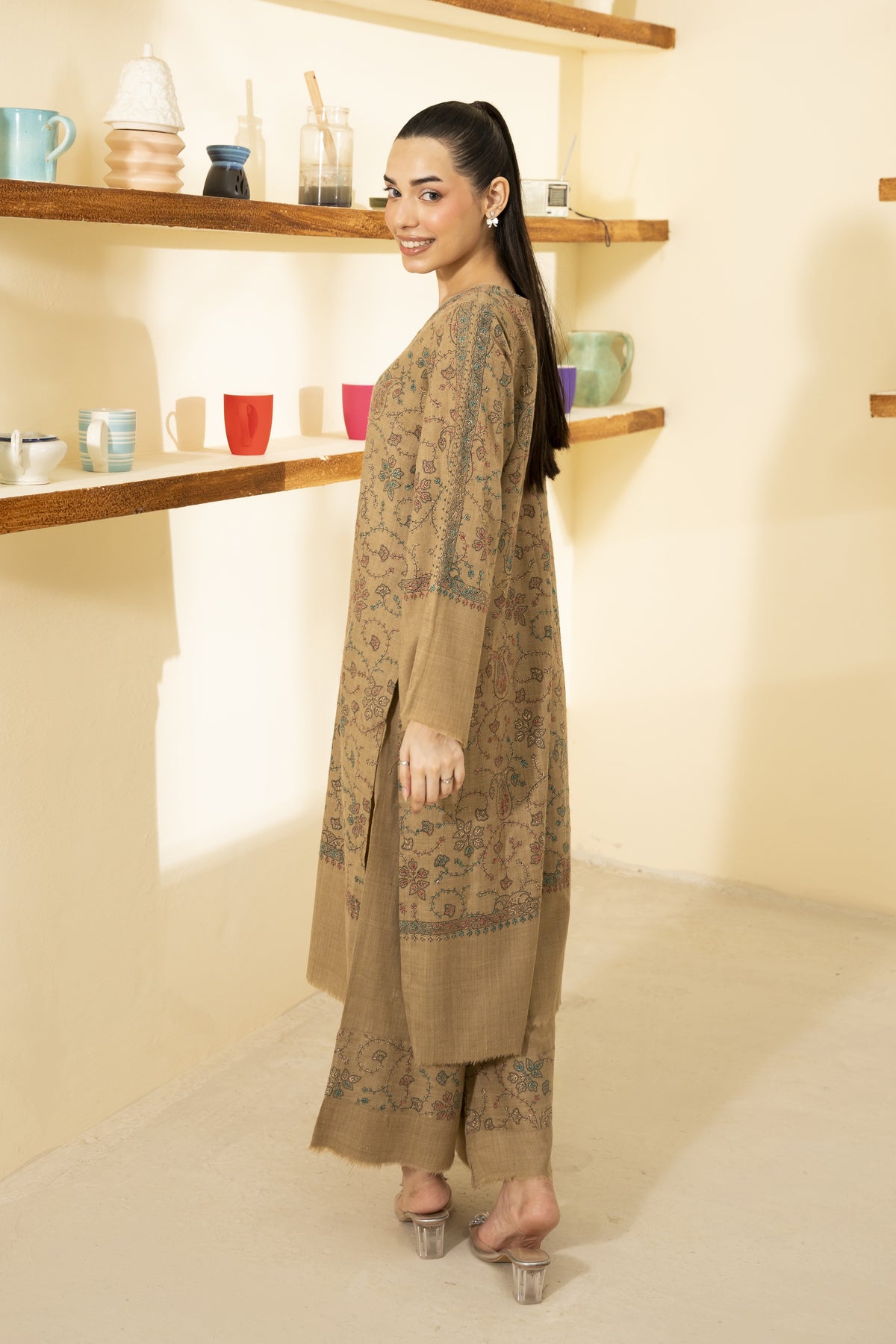 Hand Embroidered Pashmina Wool Coord Set - Beige