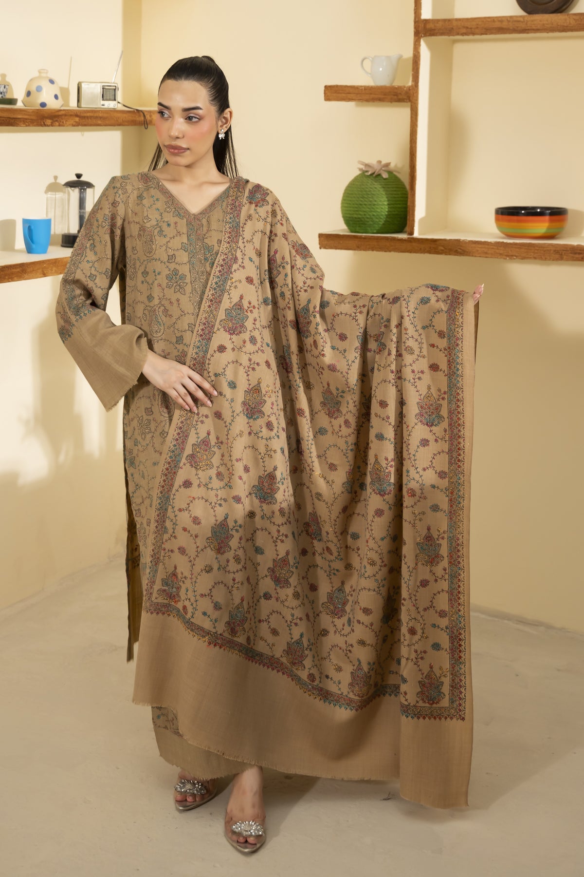 Beige Pashmina Needlework Shawl
