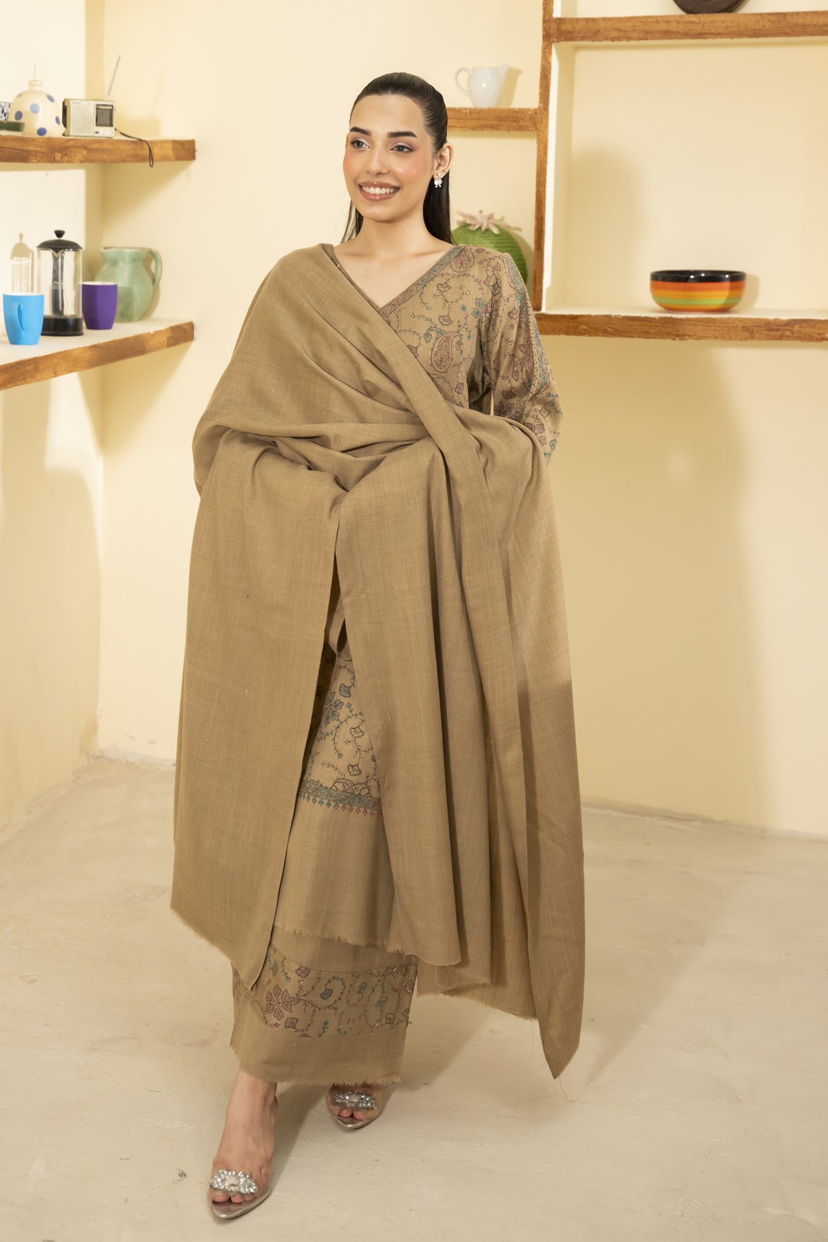 Plain Pashmina Wool Shawl-Beige