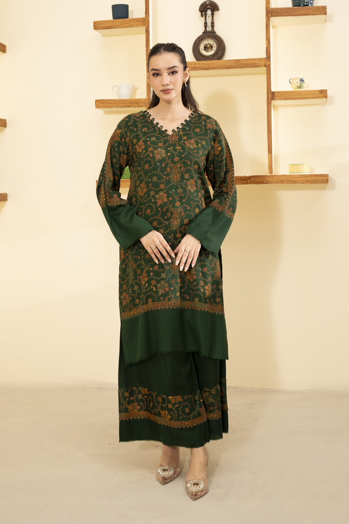 Hand Embroidered Pashmina Wool Coord Set - Green