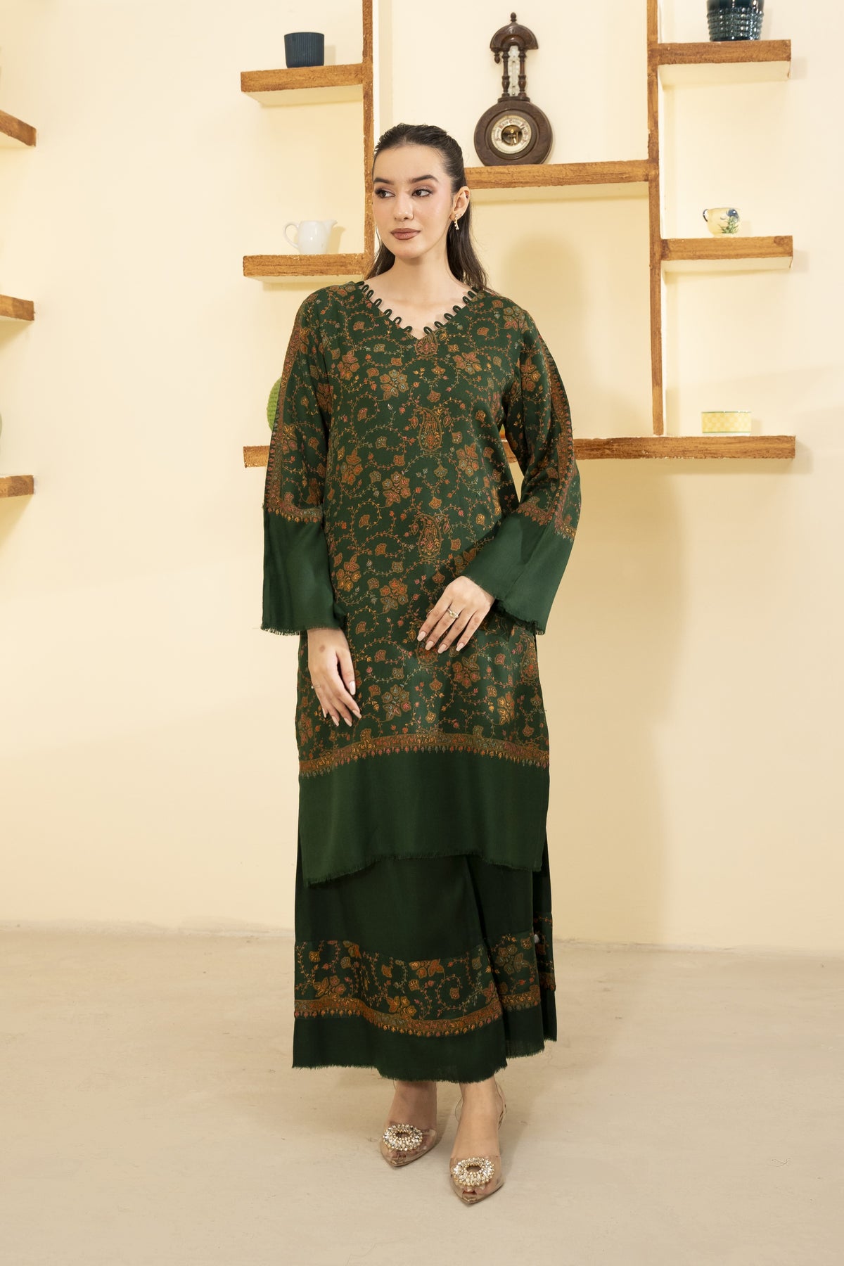 Hand Embroidered Pashmina Wool Coord Set - Green