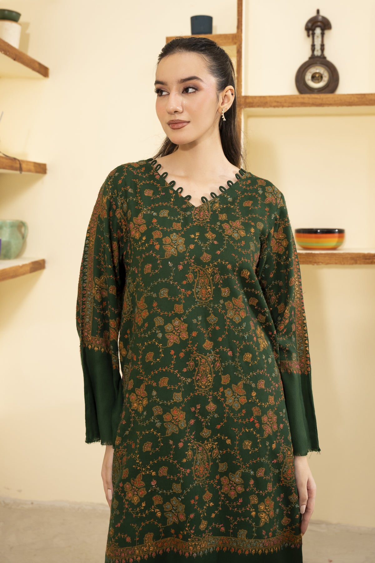 Hand Embroidered Pashmina Wool Coord Set - Green