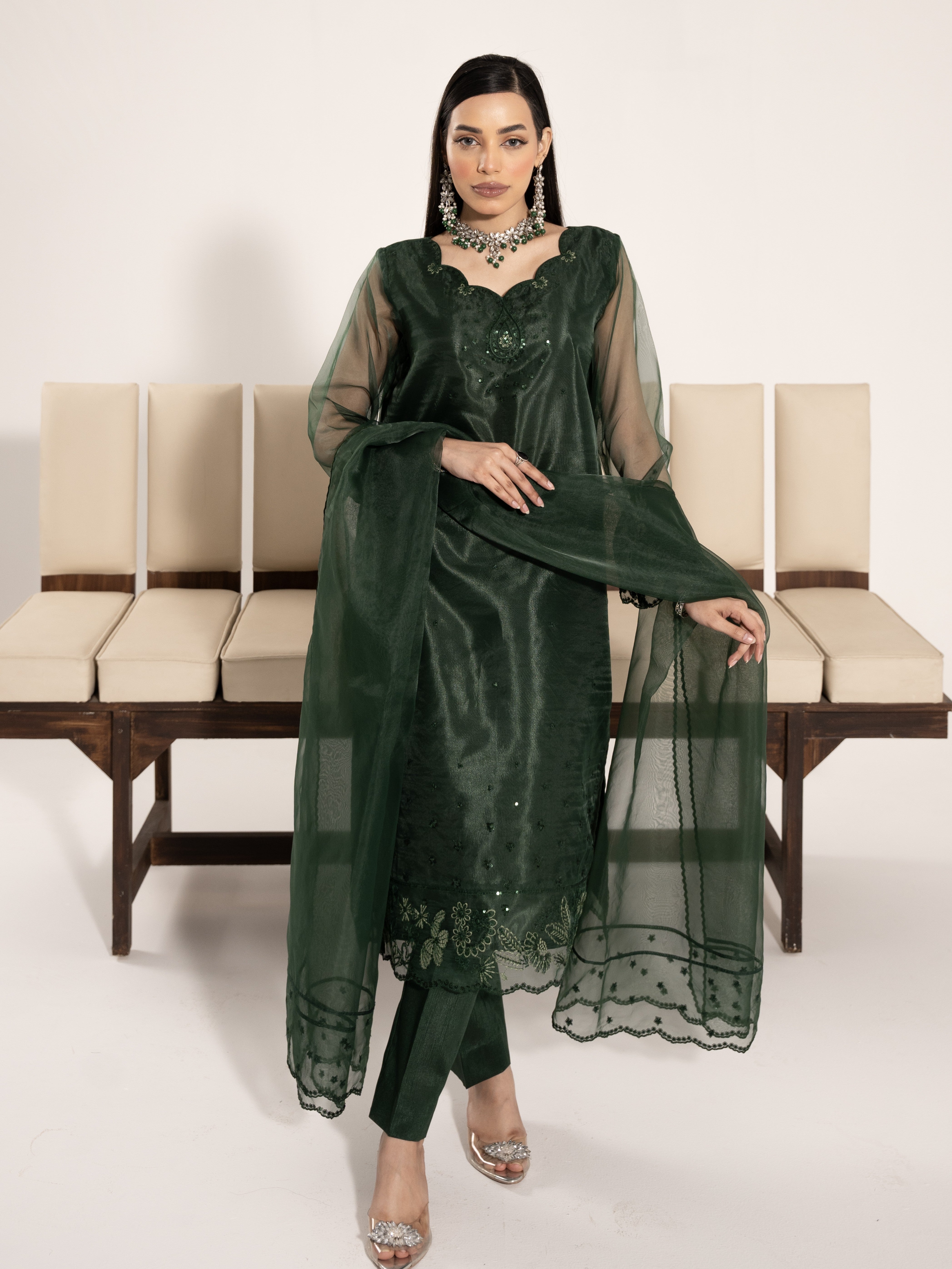 Organza 3pc Suit-Bottle Green