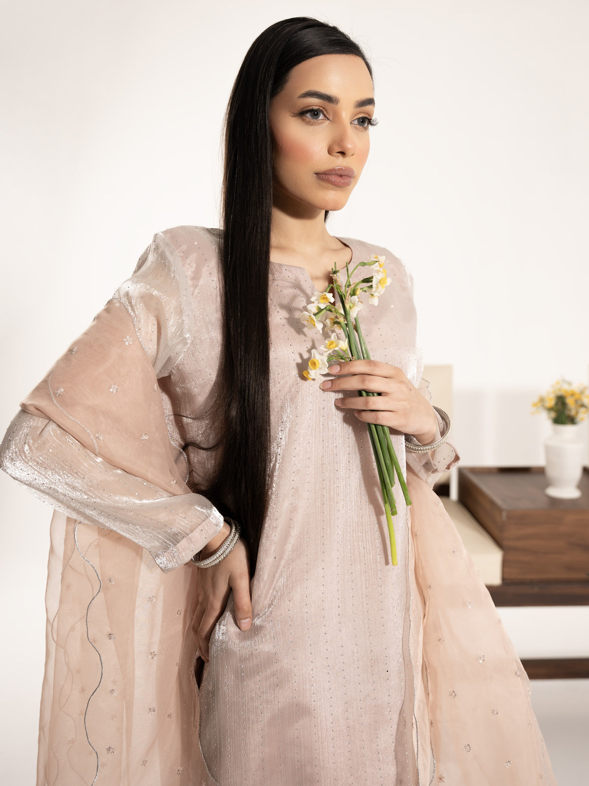 Swarovski Hand Embellished Silk 3pc Suit-Ivory Pink