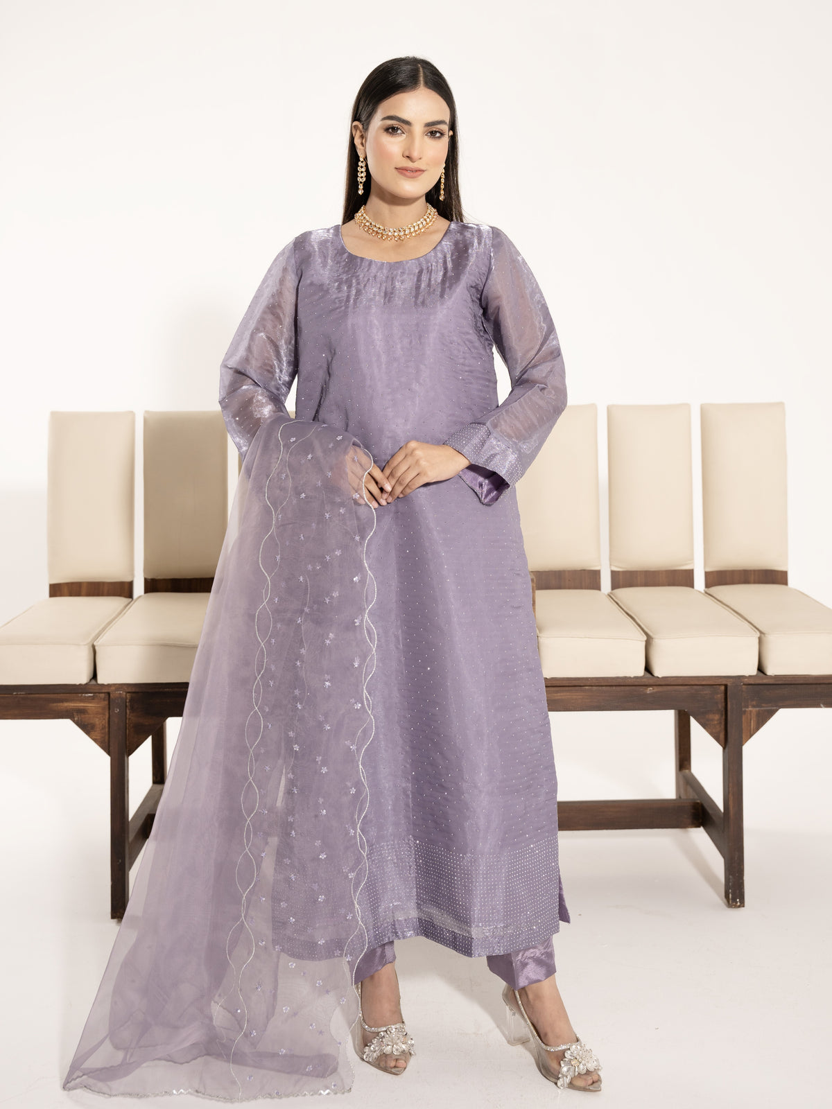Swarovski Hand Embellished Silk 3pc Suit-Lilac