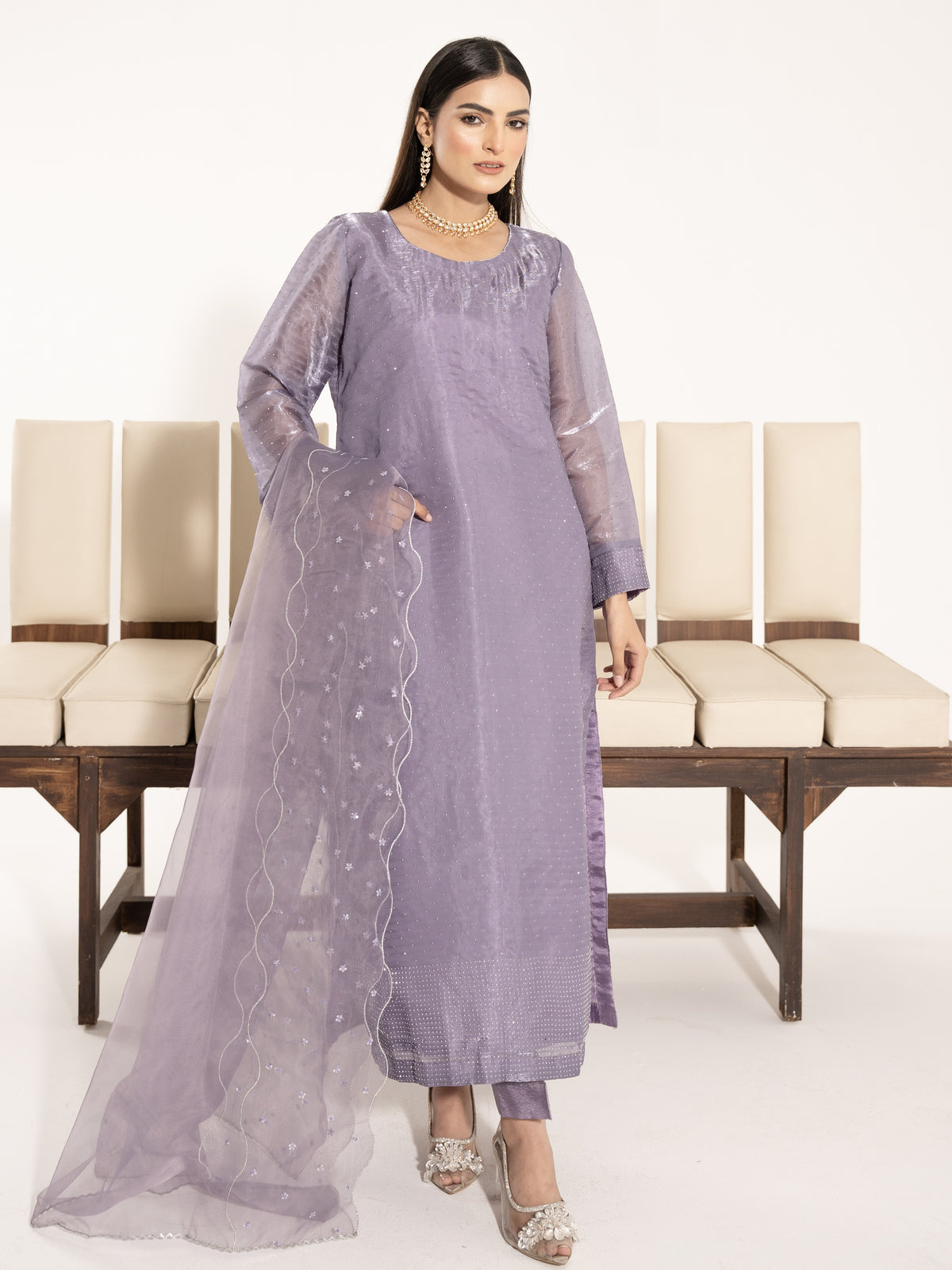 Swarovski Hand Embellished Silk 3pc Suit-Lilac