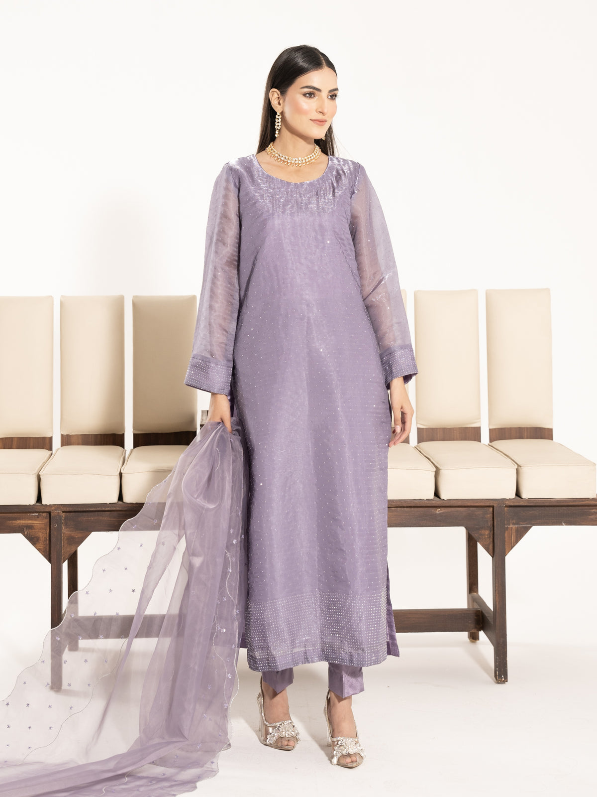 Swarovski Hand Embellished Silk 3pc Suit-Lilac