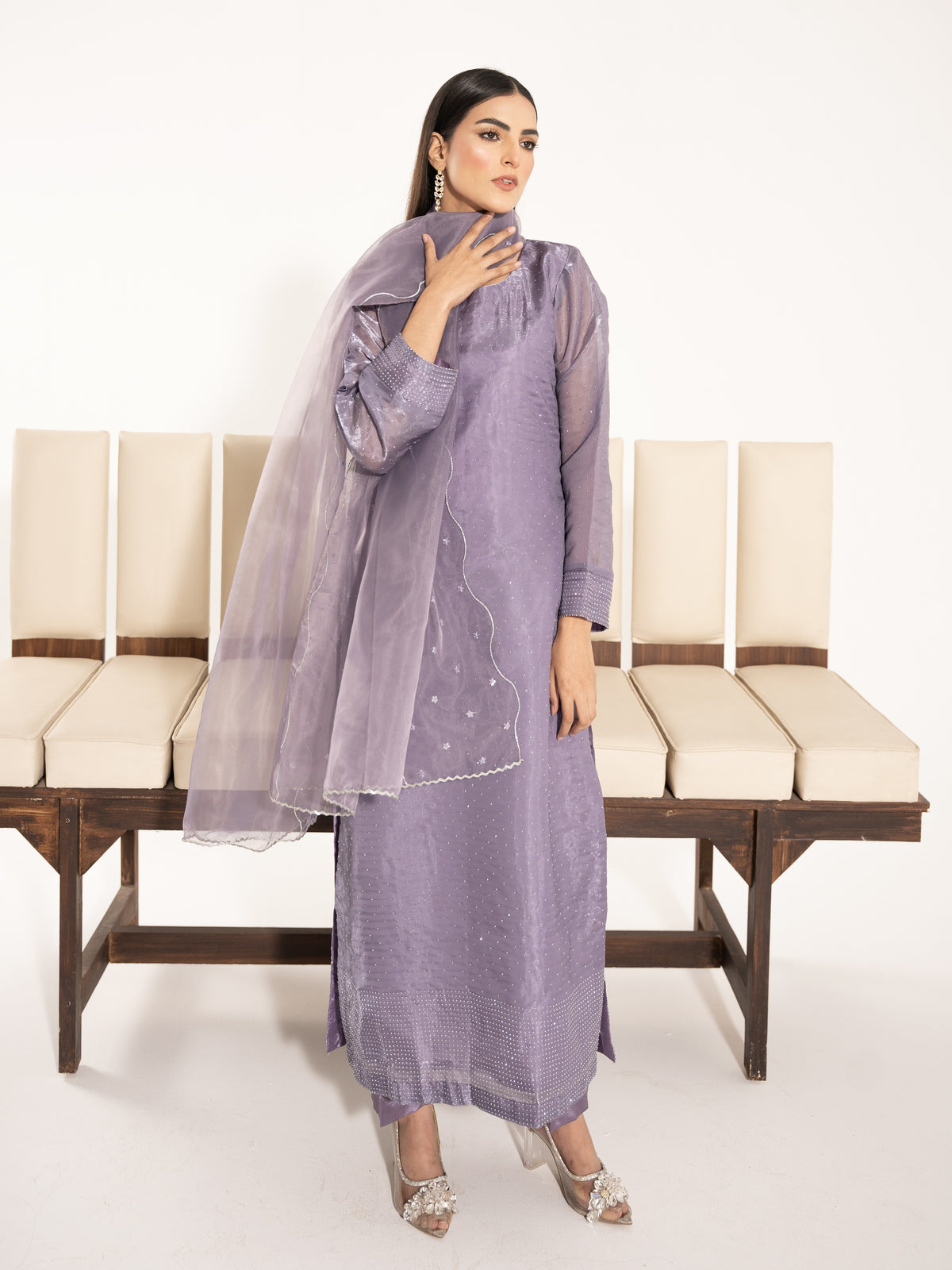 Swarovski Hand Embellished Silk 3pc Suit-Lilac