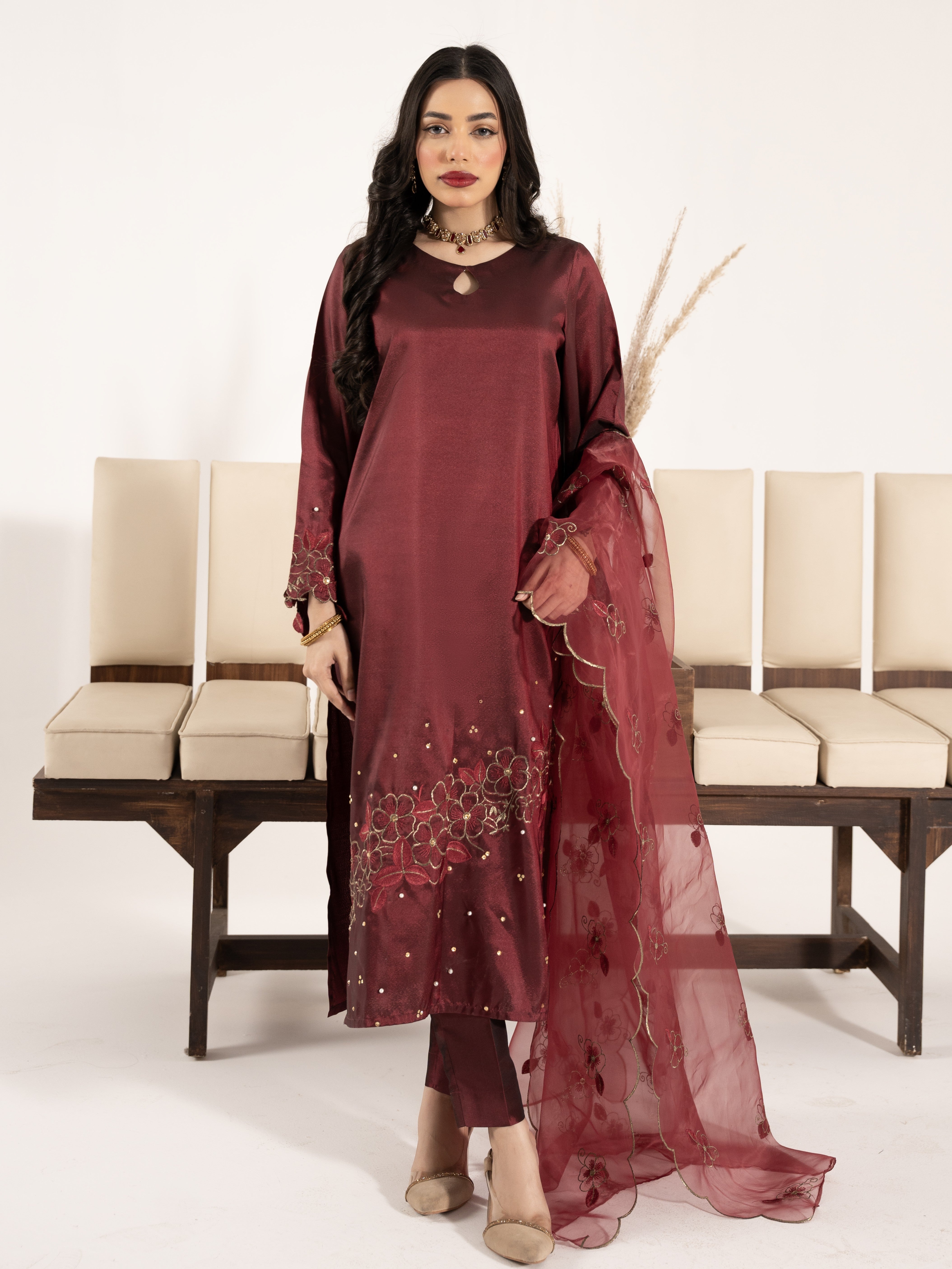 Swarovski Hand Embellished Silk 3pc Suit-Burnt Maroon
