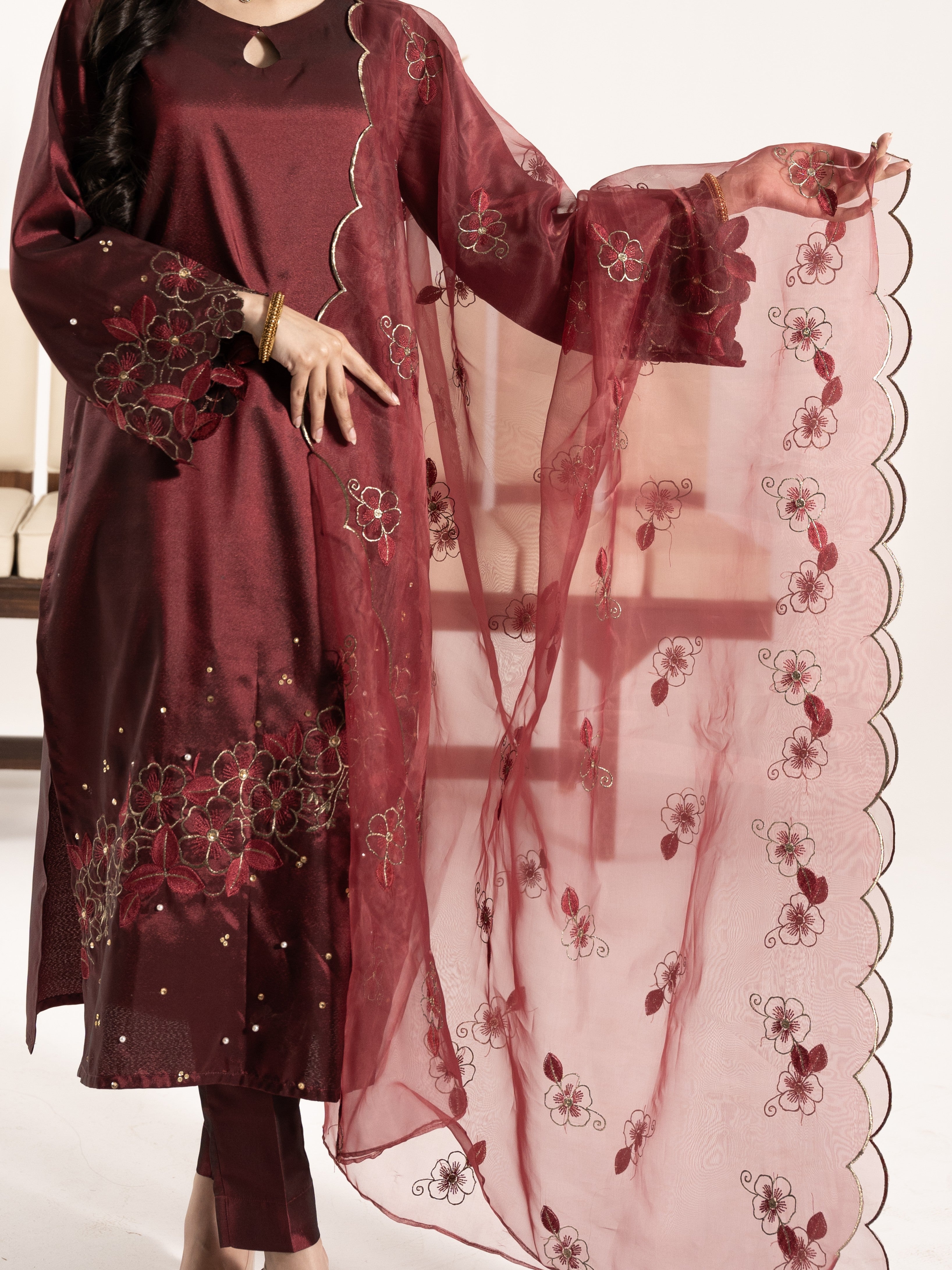 Swarovski Hand Embellished Silk 3pc Suit-Burnt Maroon
