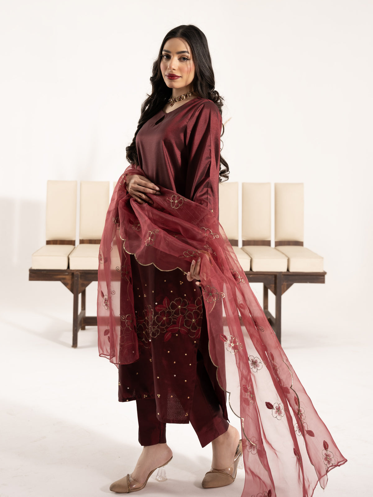 Swarovski Hand Embellished Silk 3pc Suit-Burnt Maroon