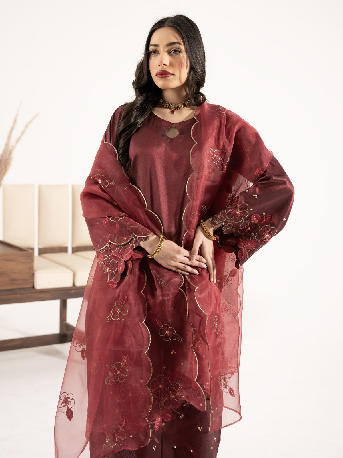 Swarovski Hand Embellished Silk 3pc Suit-Burnt Maroon
