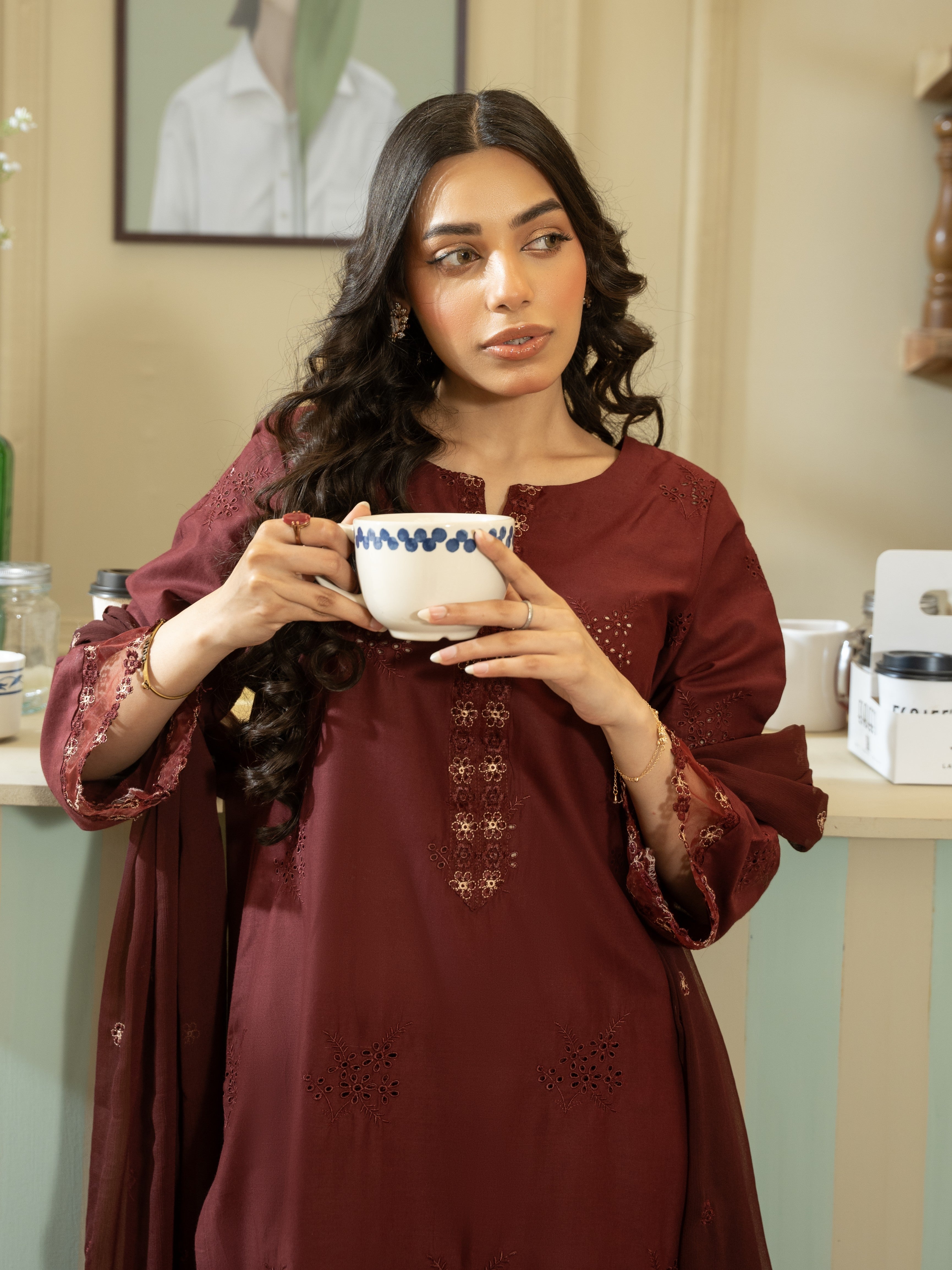 Maroon Embroidered Lawn 3pc Suit
