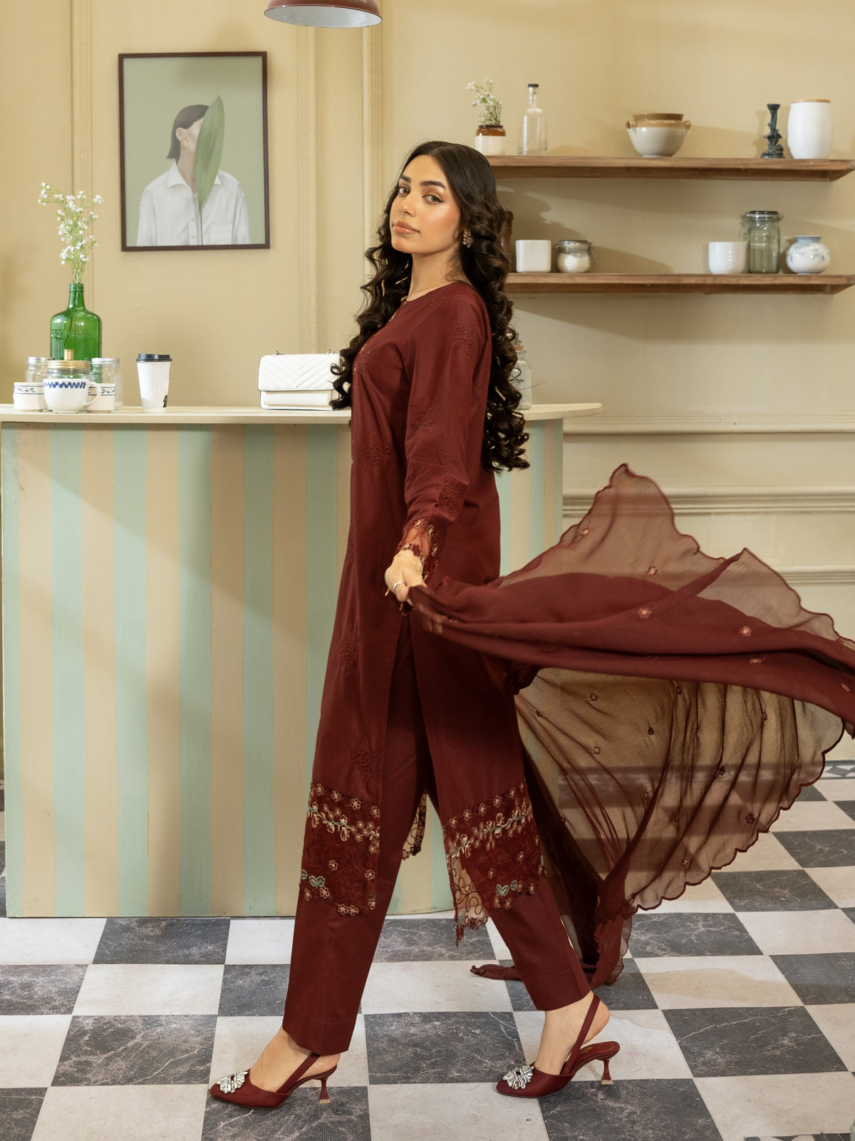 Maroon Embroidered Lawn 3pc Suit