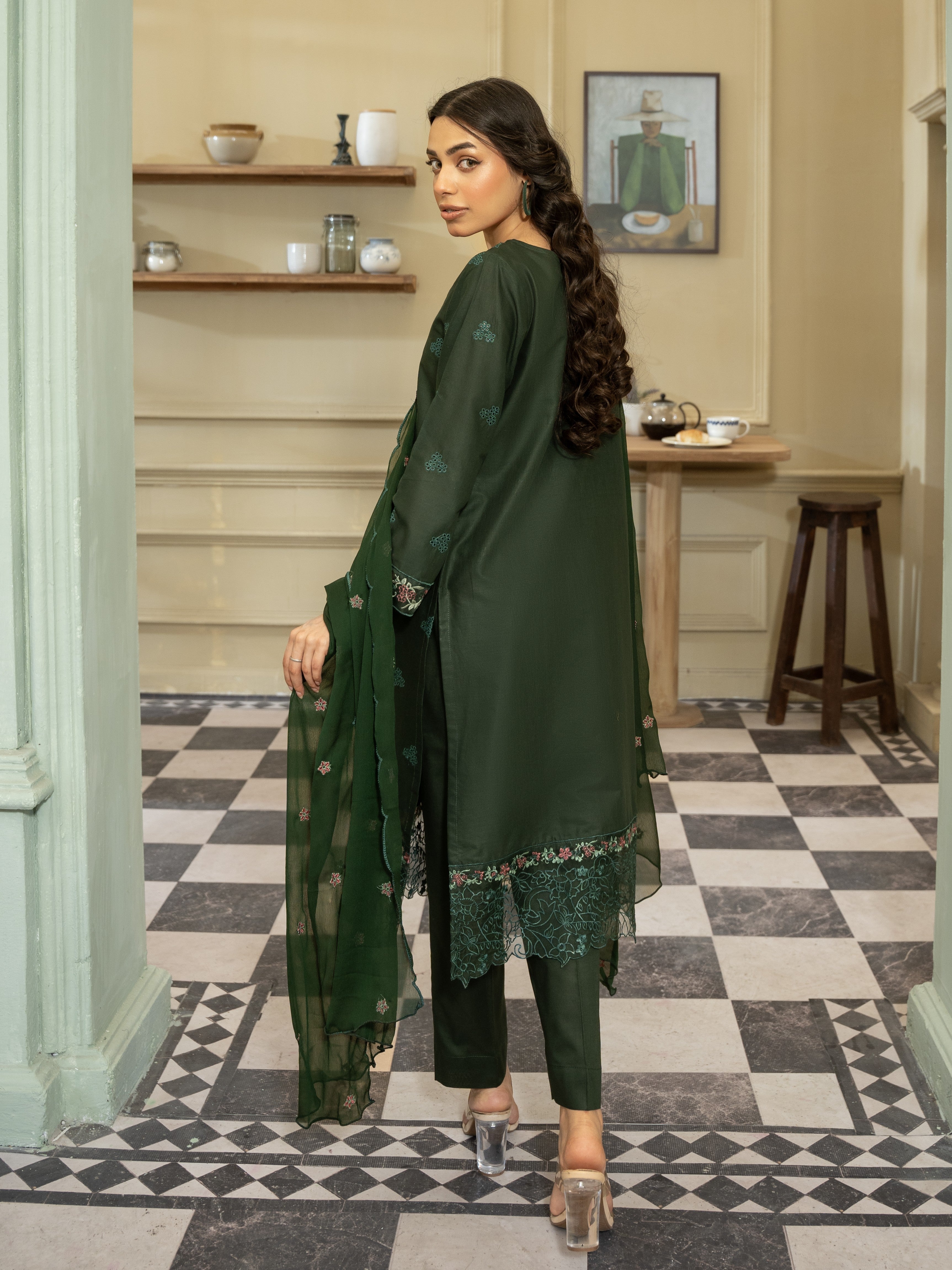 Emerald Green Embroidered Lawn 3pc Suit
