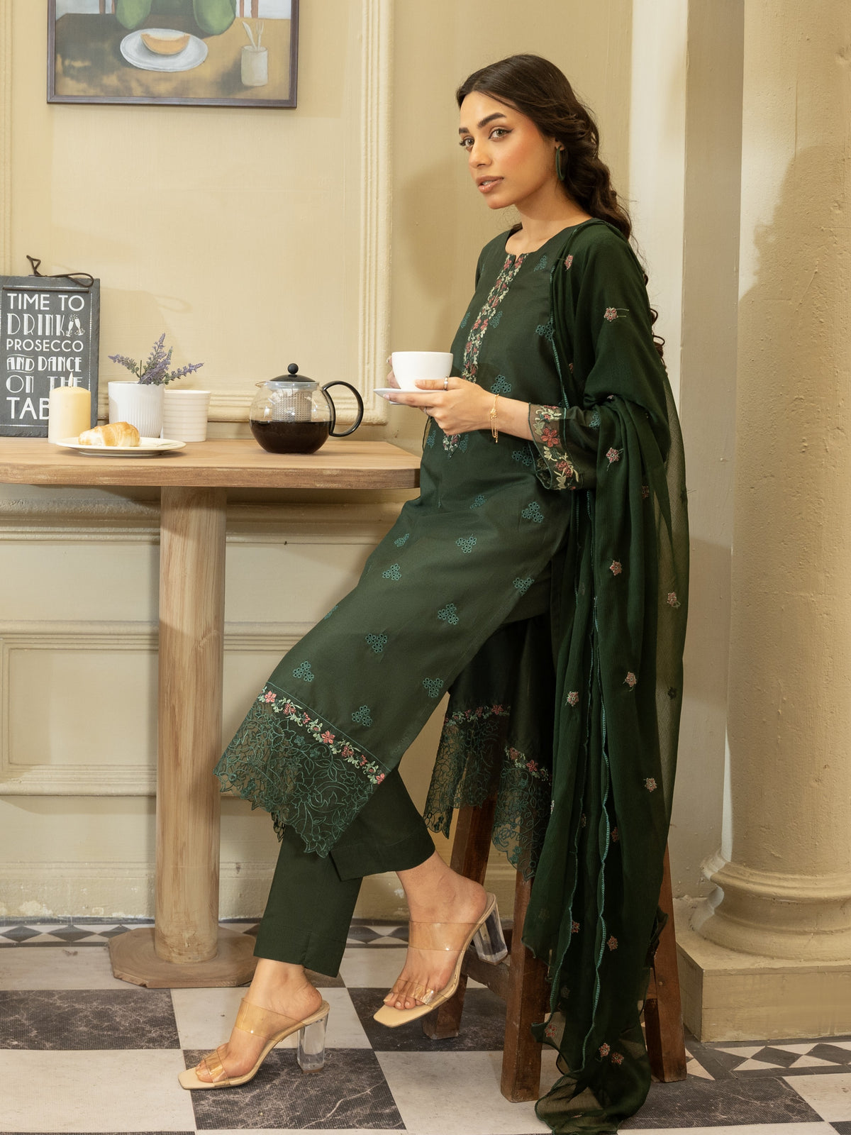 Emerald Green Embroidered Lawn 3pc Suit