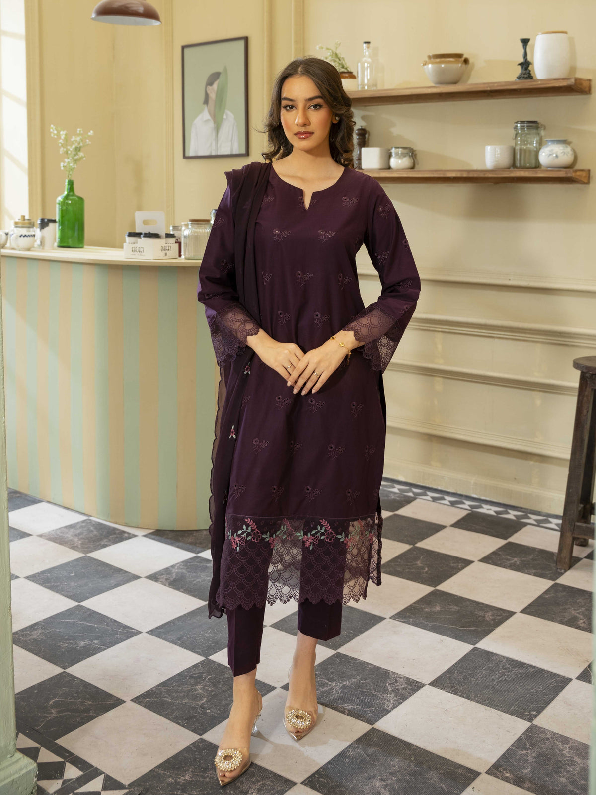 Plum Embroidered Lawn 3pc Suit
