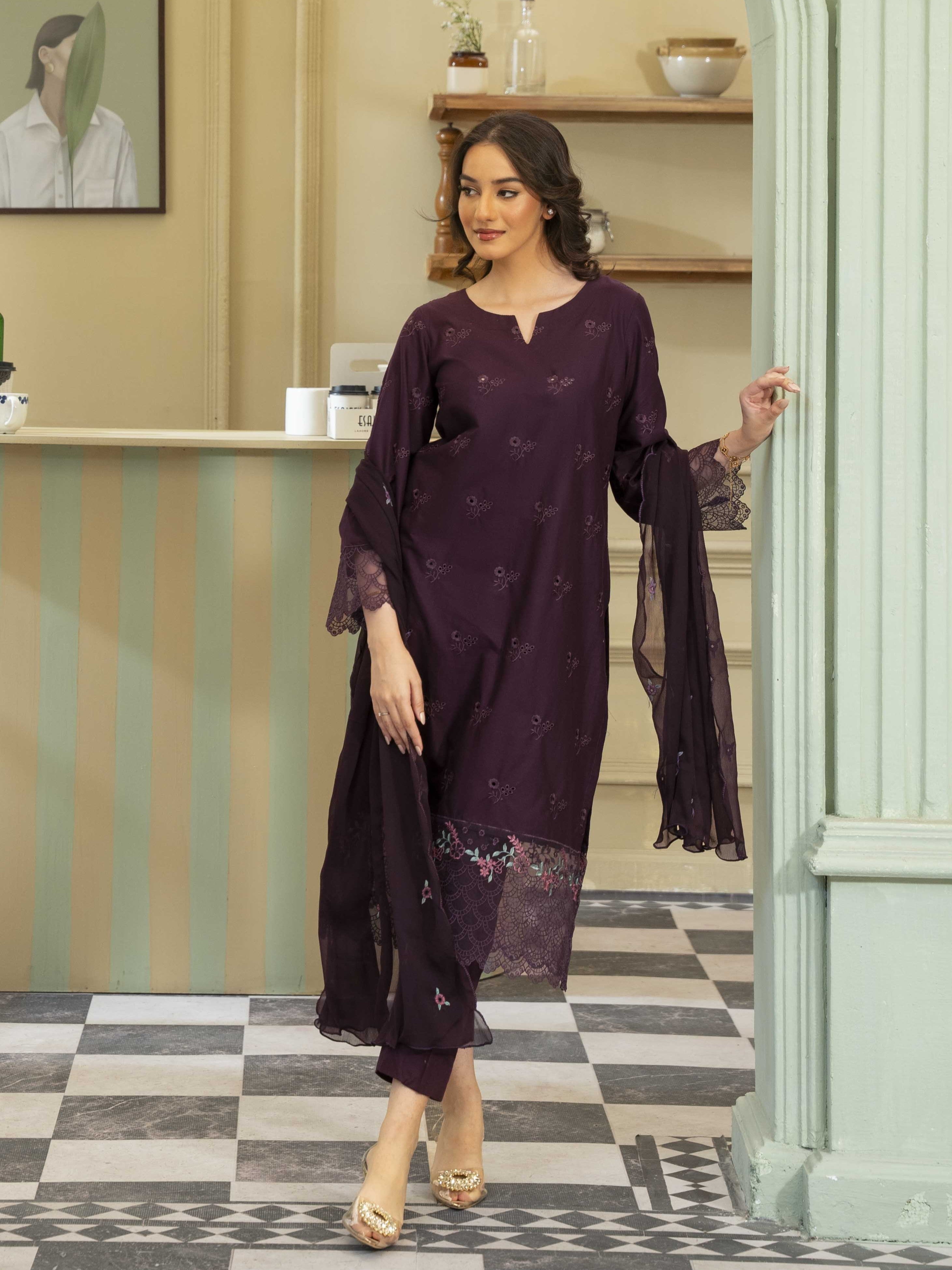 Plum Embroidered Lawn 3pc Suit
