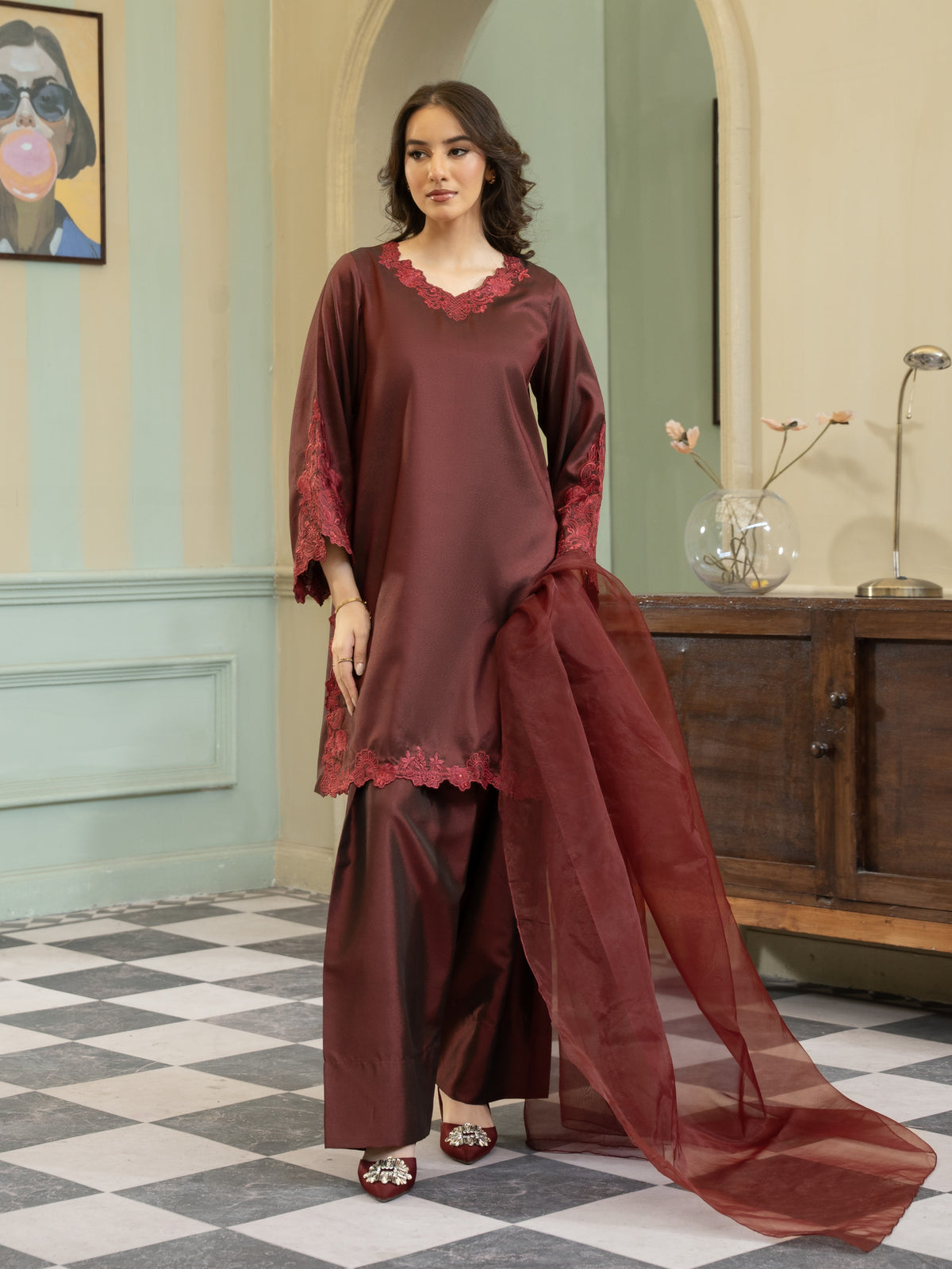 Silk Farshi Shalwar 3pc Suit-Maroon
