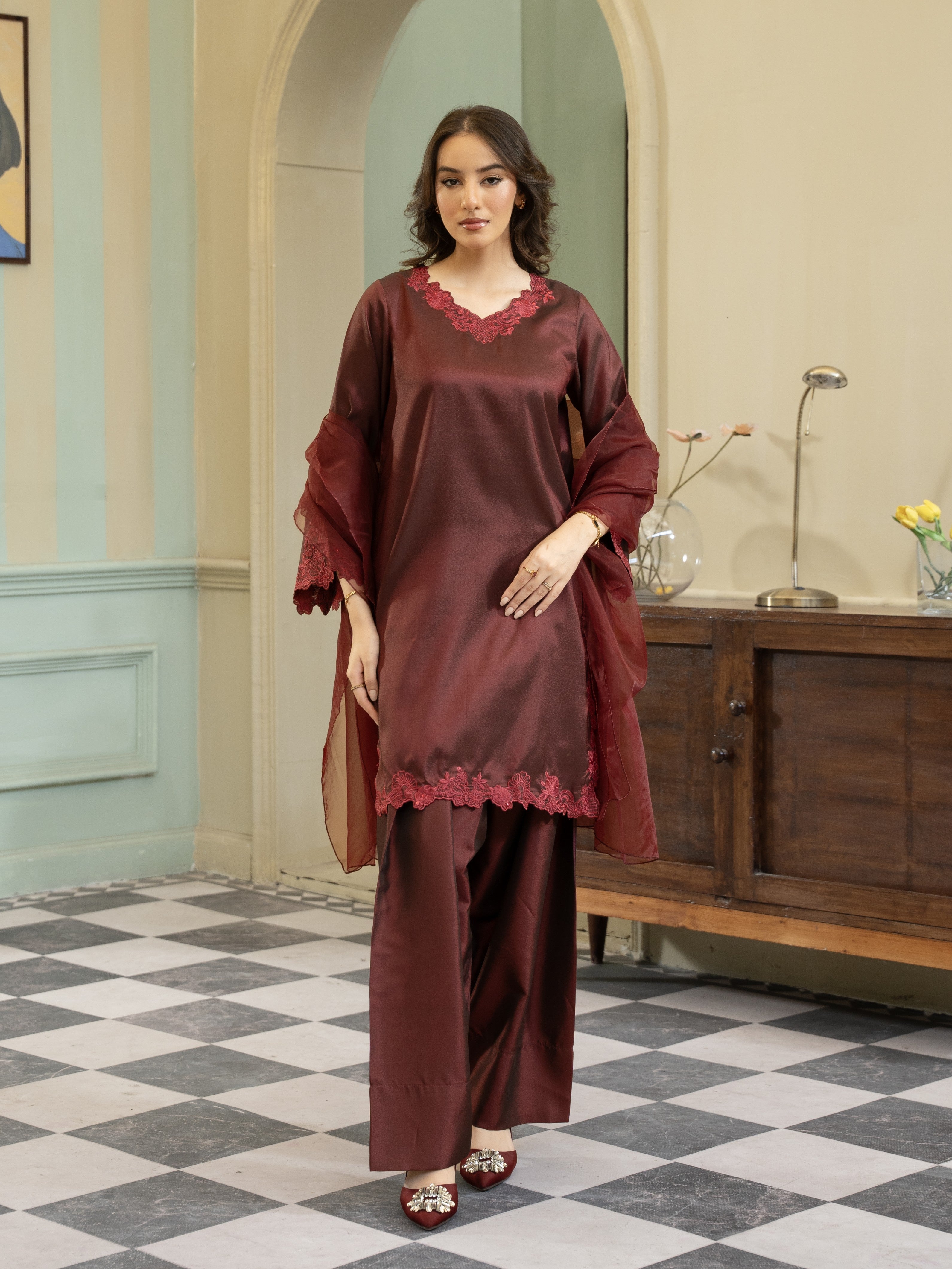 Silk Farshi Shalwar 3pc Suit-Maroon