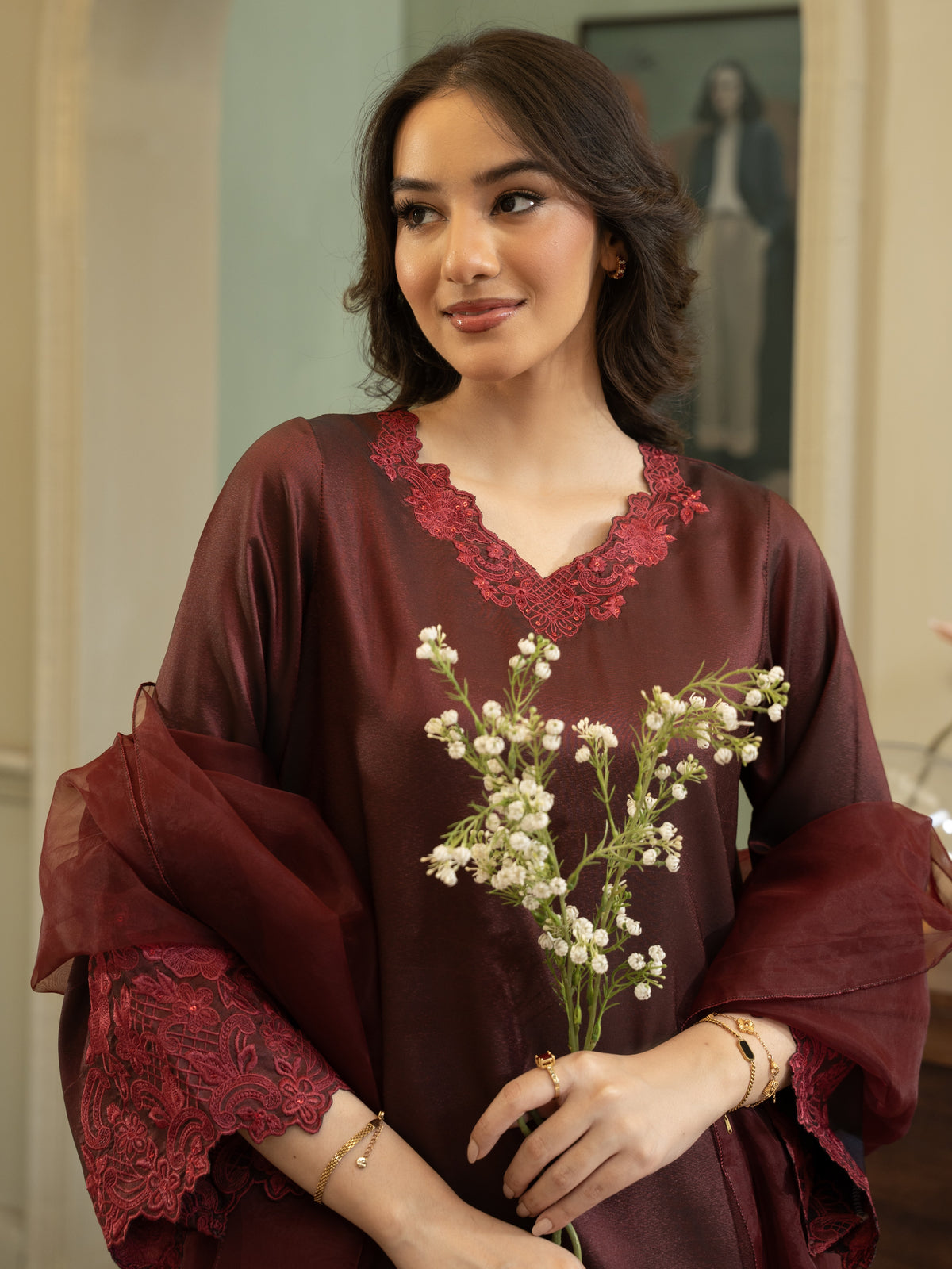 Silk Farshi Shalwar 3pc Suit-Maroon
