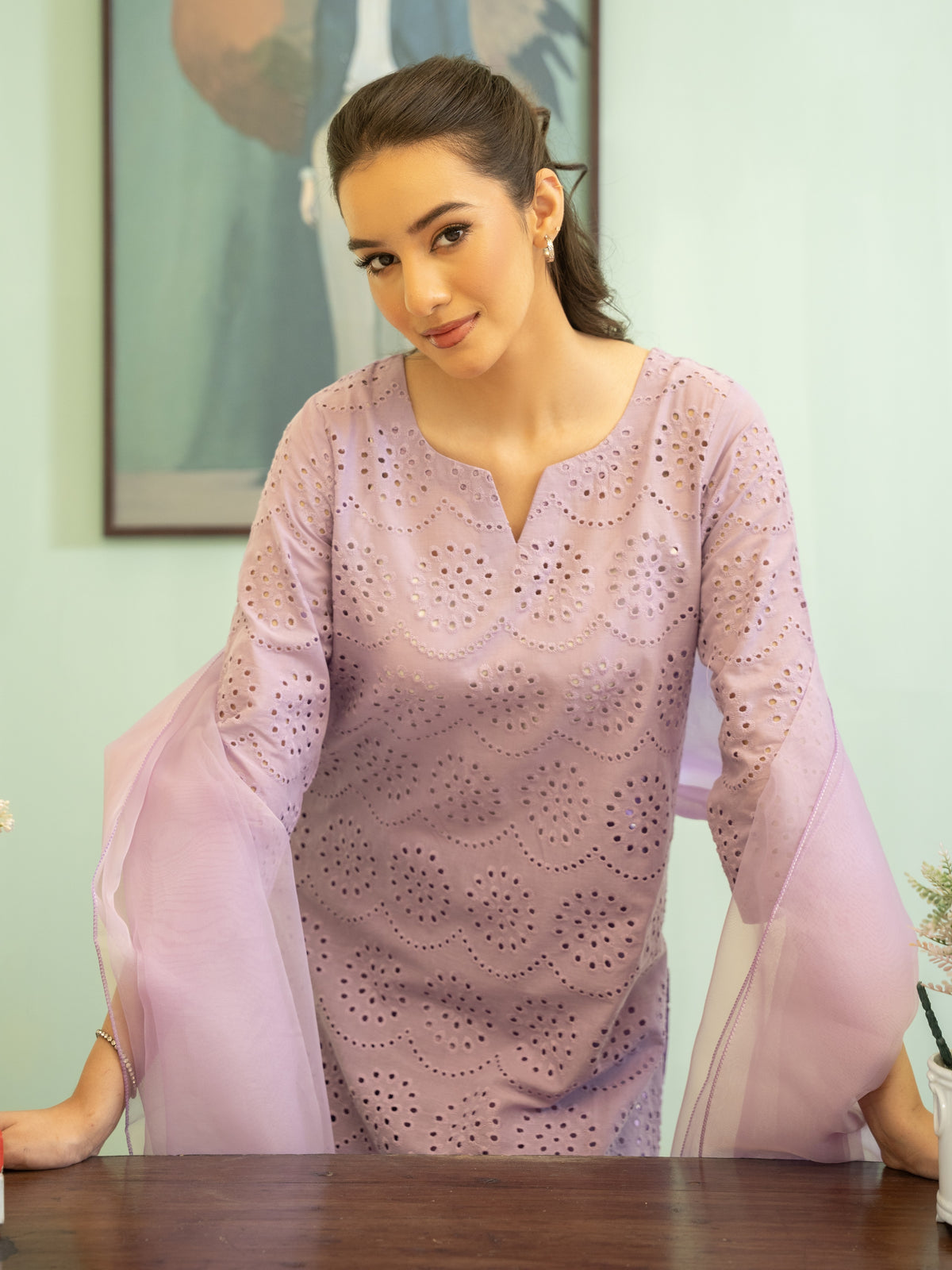 Chikankari Farshi Shalwar 3pc Suit-Lilac