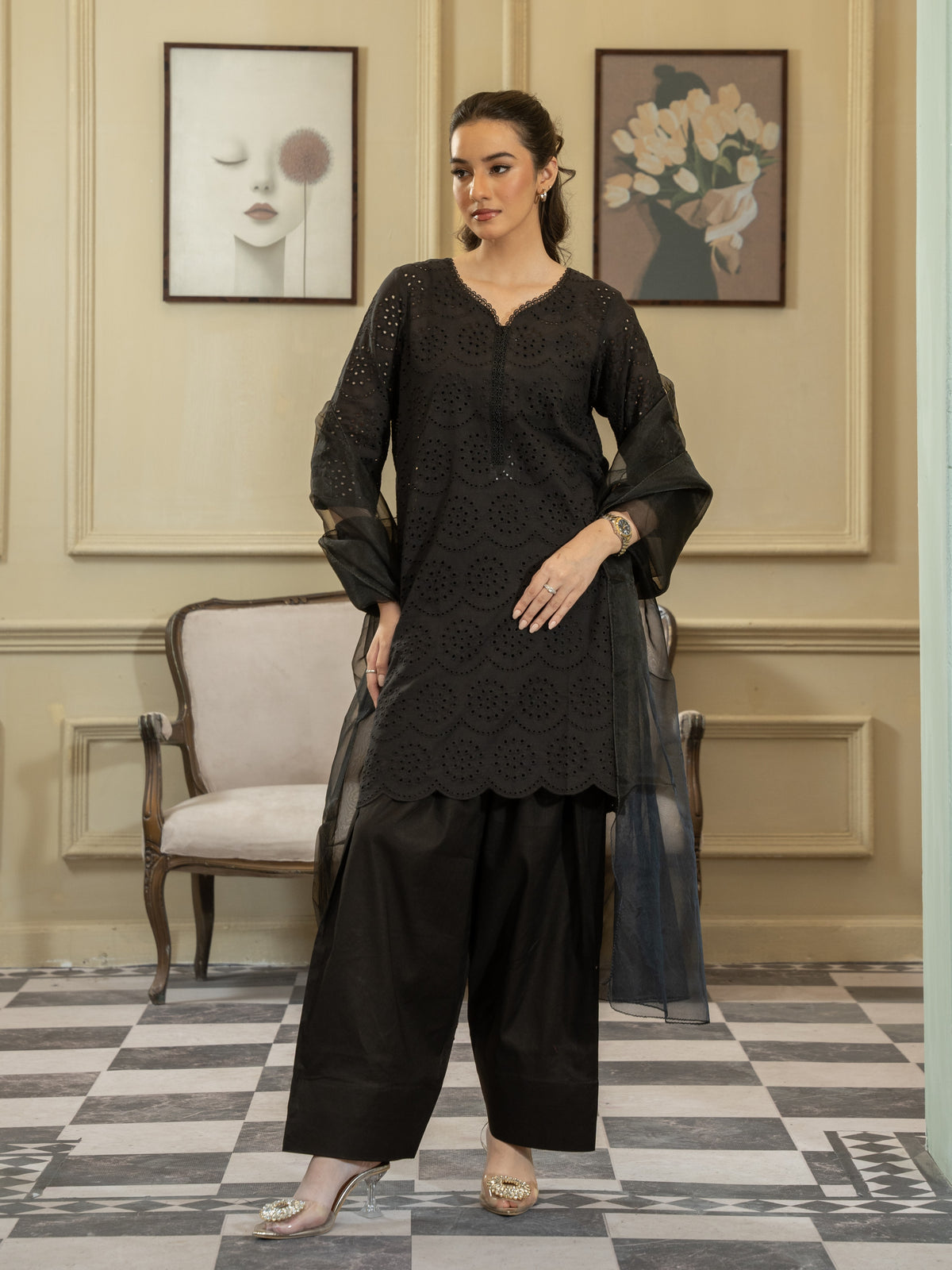 Chikankari Farshi Shalwar 3pc Suit-Black