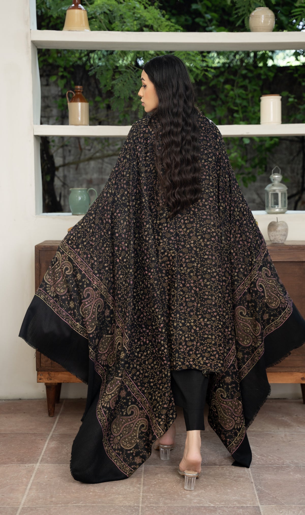 Black Full Hand Embroidered Pashmina Shawl
