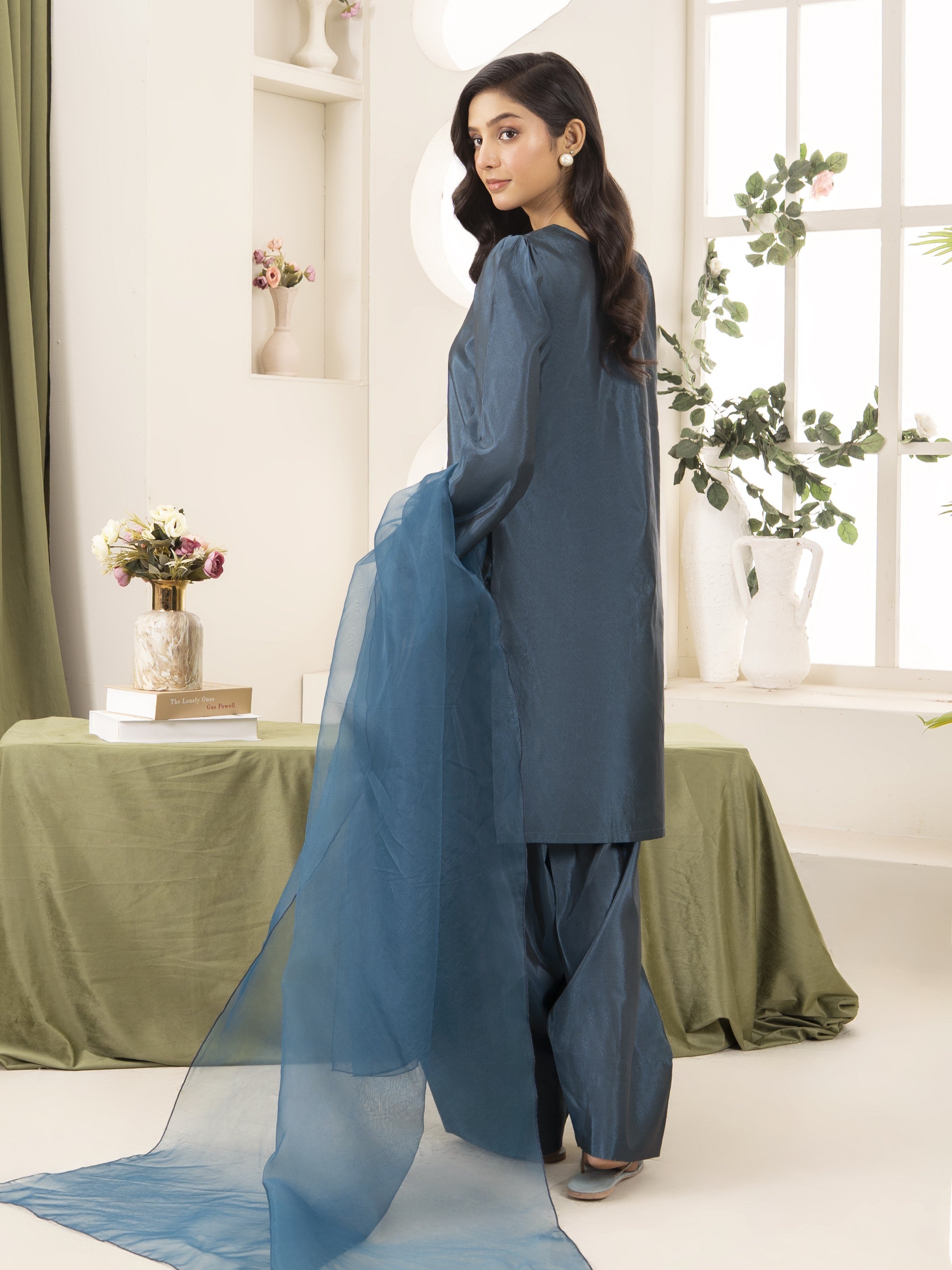 Silk Farshi Shalwar 3pc Suit-Teal