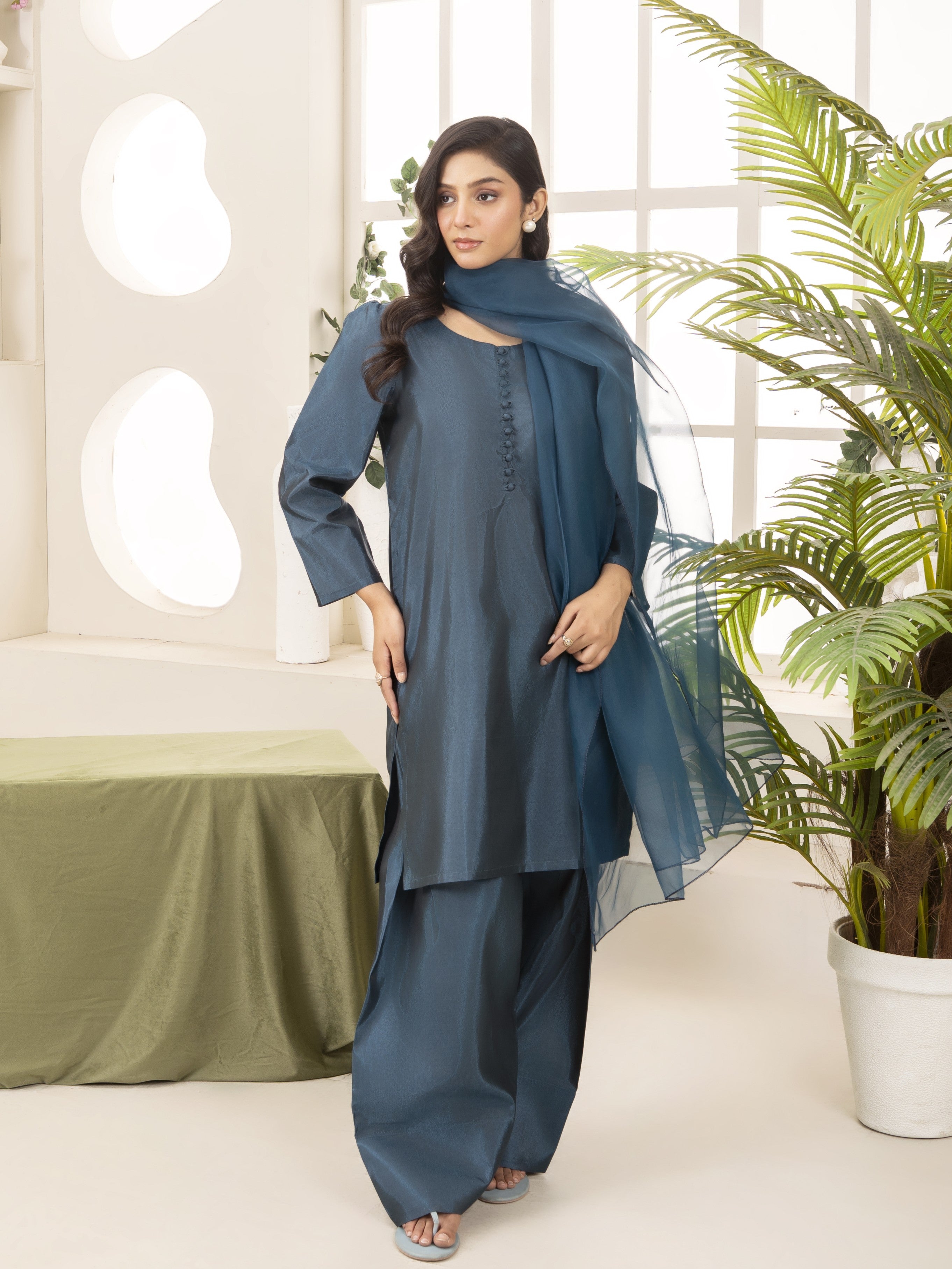 Silk Farshi Shalwar 3pc Suit-Teal
