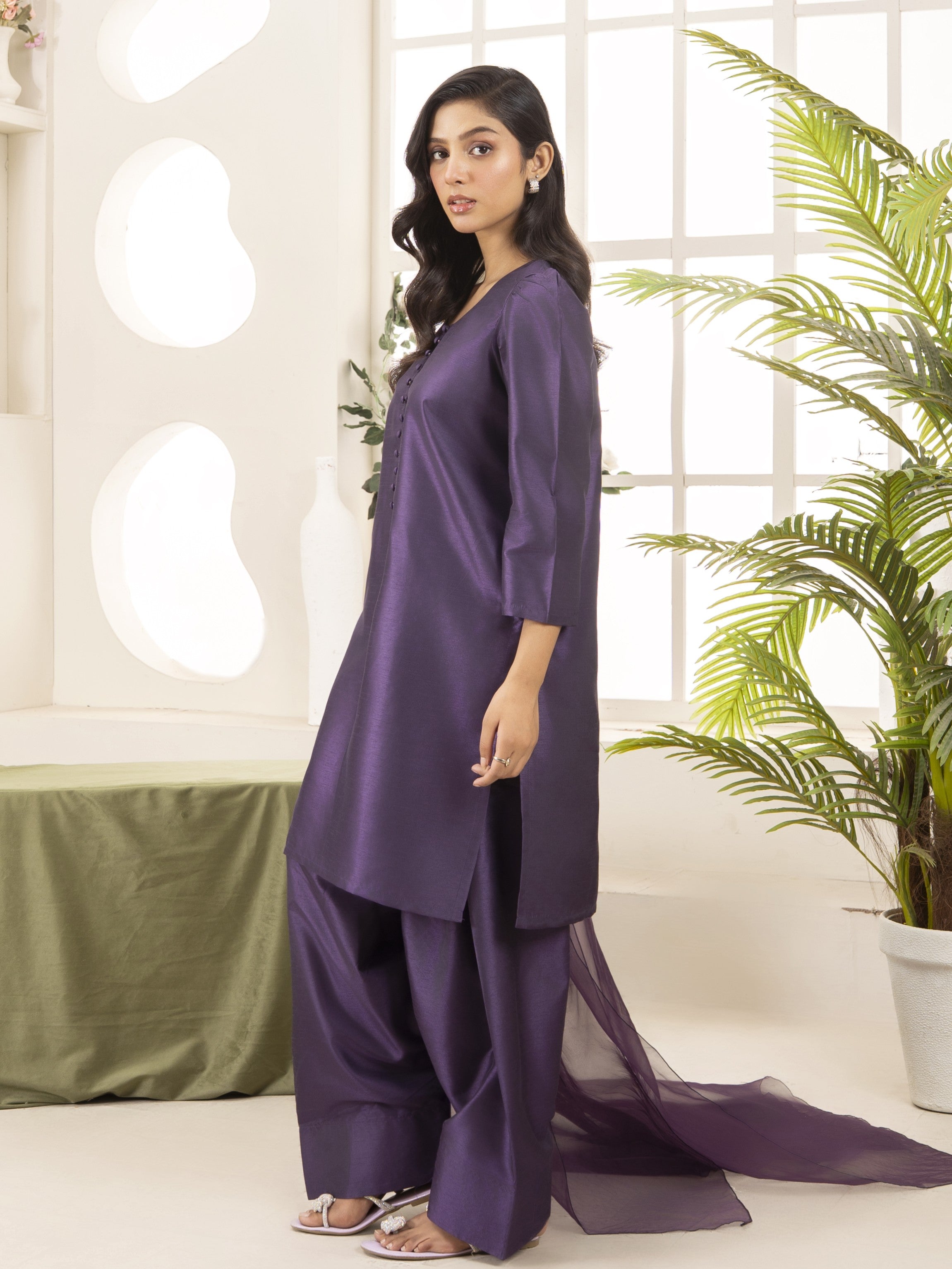 Silk Farshi Shalwar 3pc Suit-Purple