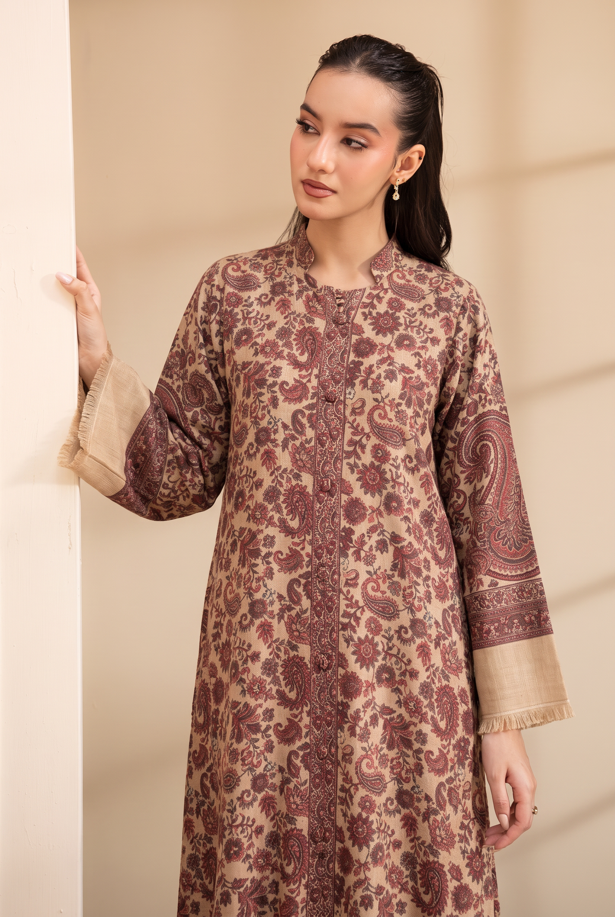 Beige Artisanal Hand-Woven Kaani Pashmina Wool Kaftan Set (with trouser)