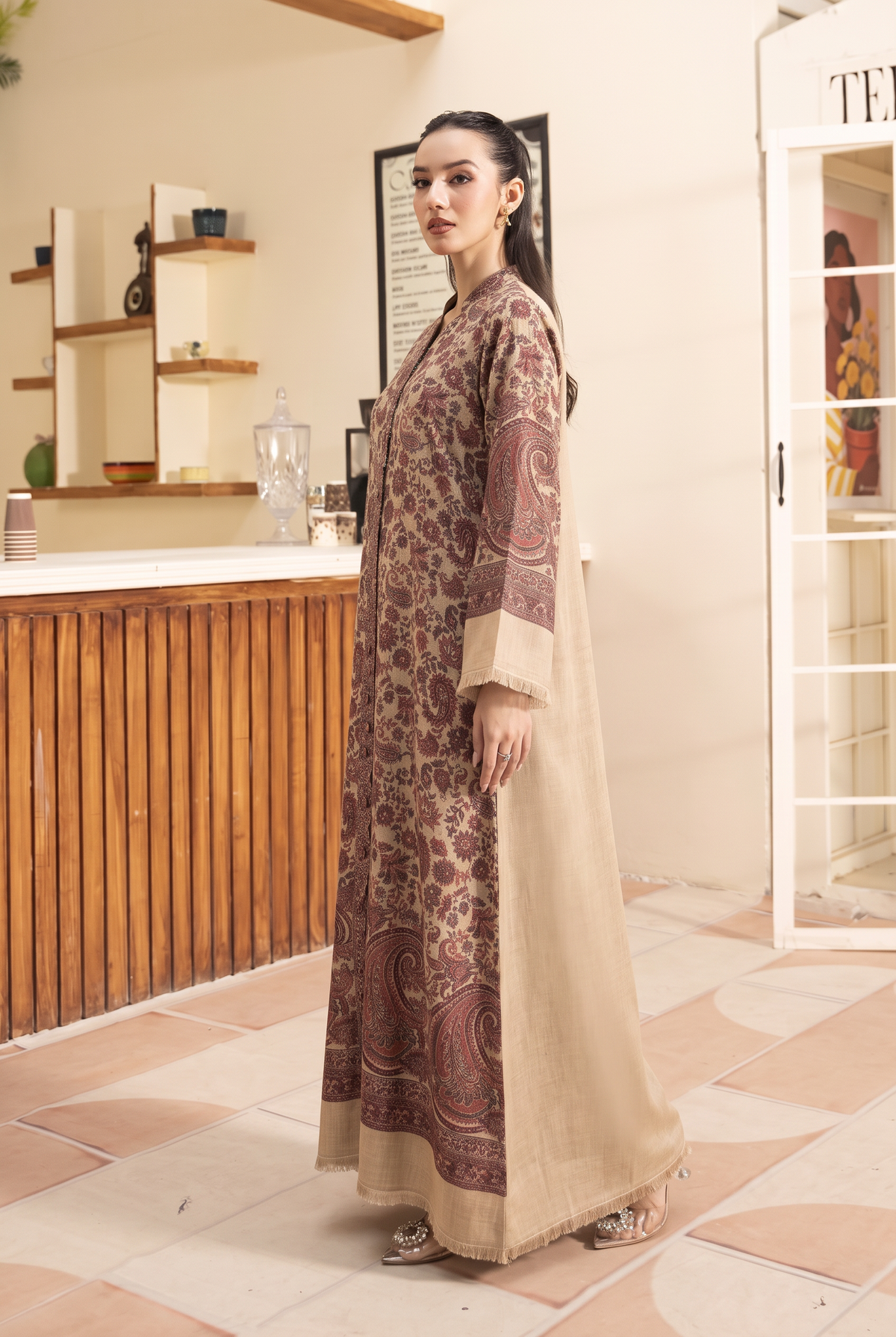 Beige Artisanal Hand-Woven Kaani Pashmina Wool Kaftan Set (with trouser)