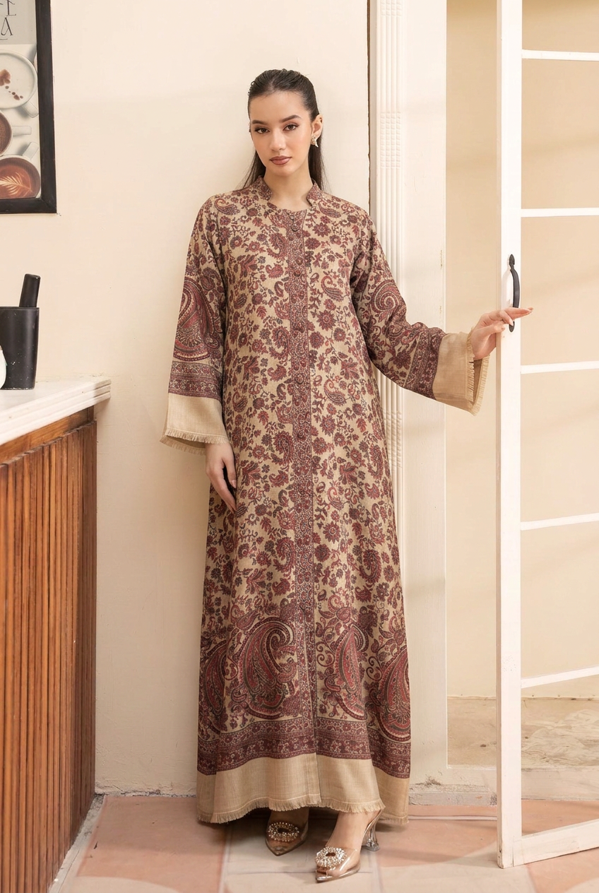 Beige Artisanal Hand-Woven Kaani Pashmina Wool Kaftan Set (with trouser)