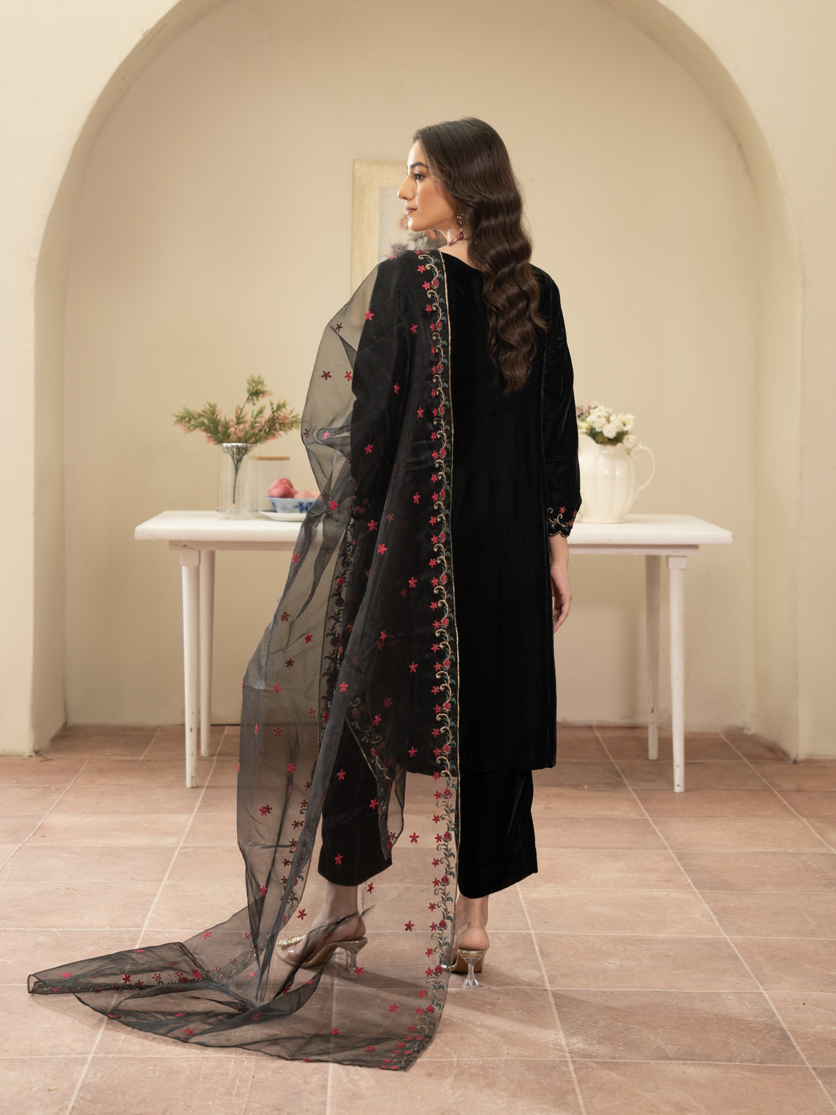 Black velvet Embroidered 3pc Suit
