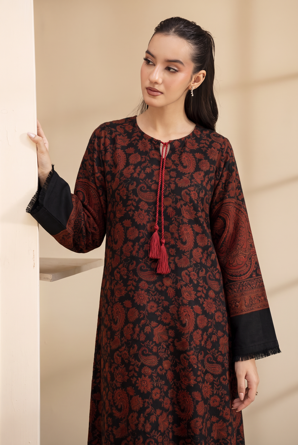 Black Artisanal Hand-Woven Kaani Pashmina Wool Kaftan Set (with trouser)