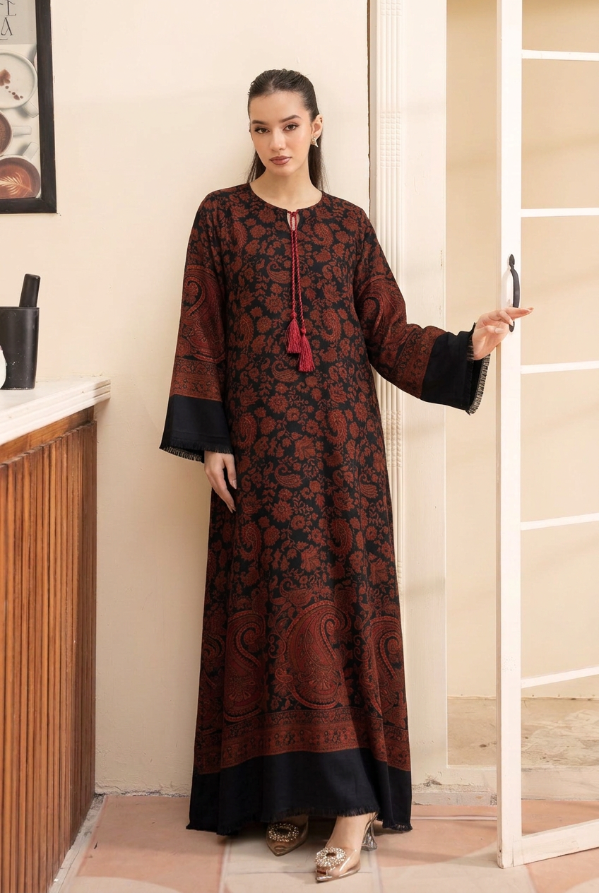 Black Artisanal Hand-Woven Kaani Pashmina Wool Kaftan Set (with trouser)