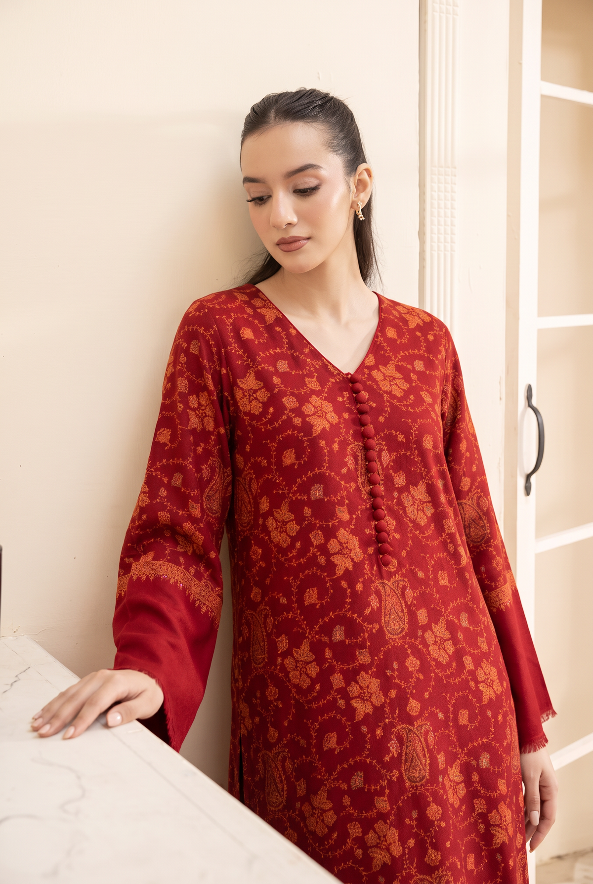Red Hand Embroidered Pashmina Wool Kaftan Set (with trouser)