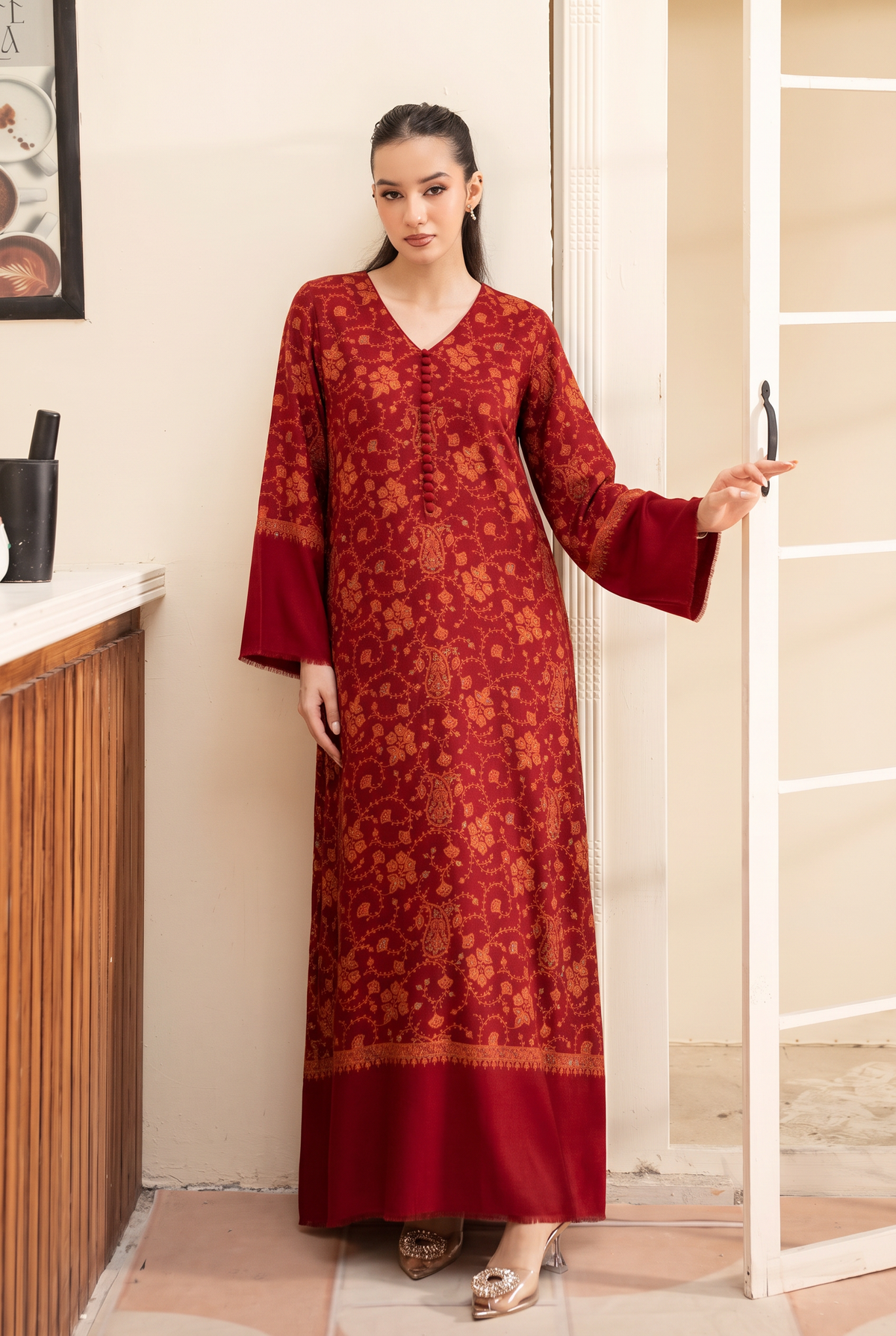 Red Hand Embroidered Pashmina Wool Kaftan Set (with trouser)