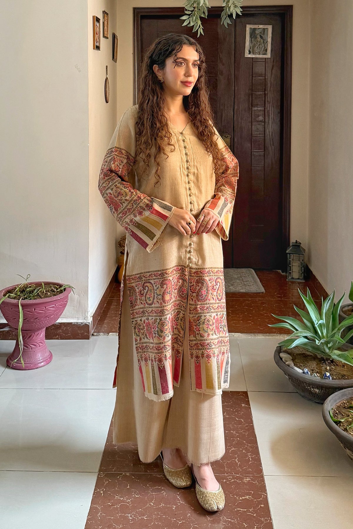 Beige Artisanal Hand-Woven Pashmina Kaani Coord Set