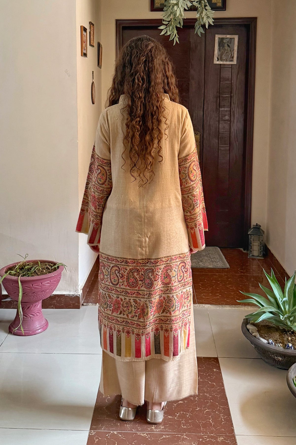 Beige Artisanal Hand-Woven Pashmina Kaani Coord Set