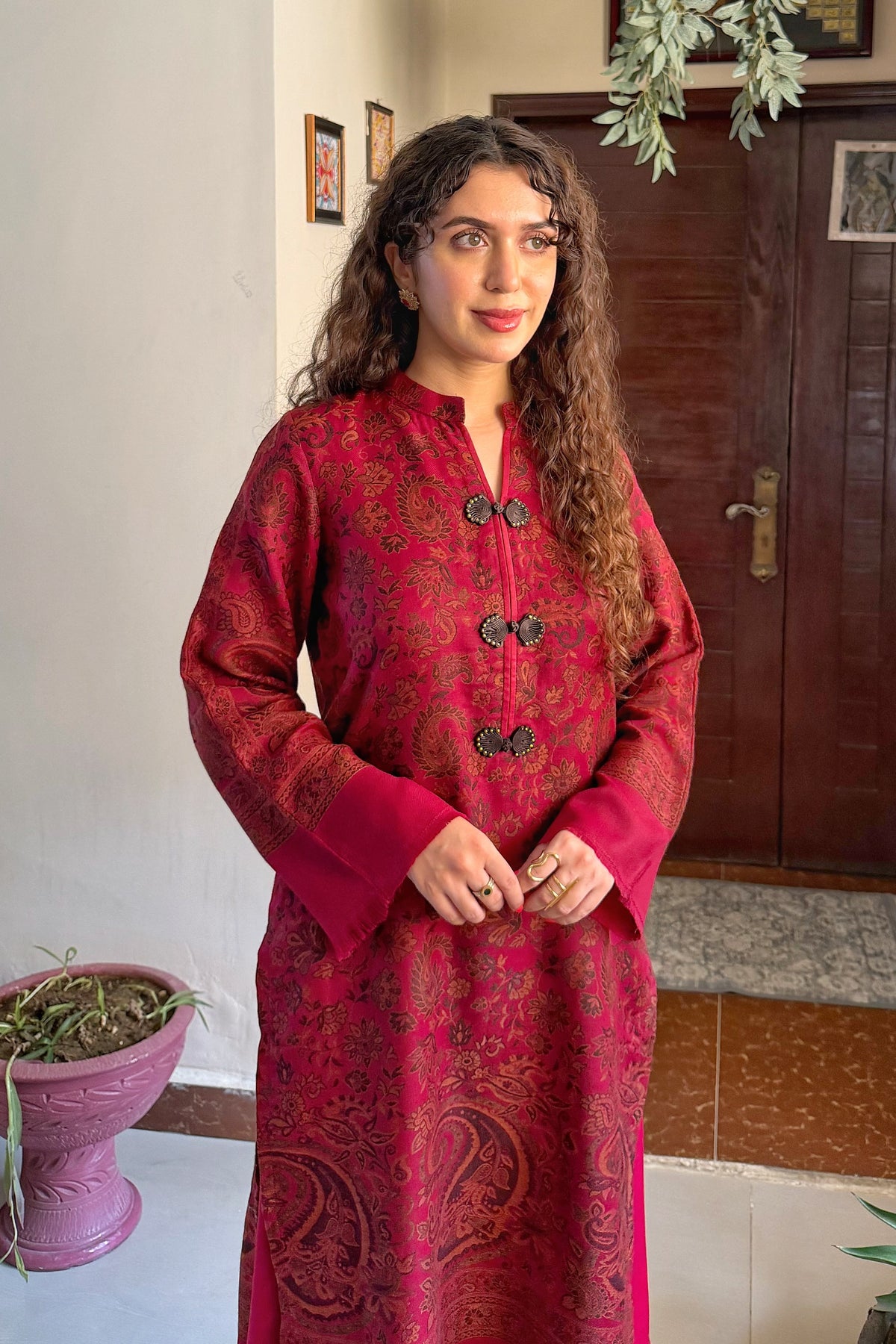 Maroon Artisanal Hand-Woven Kaani Pashmina Mandarin Coord Set