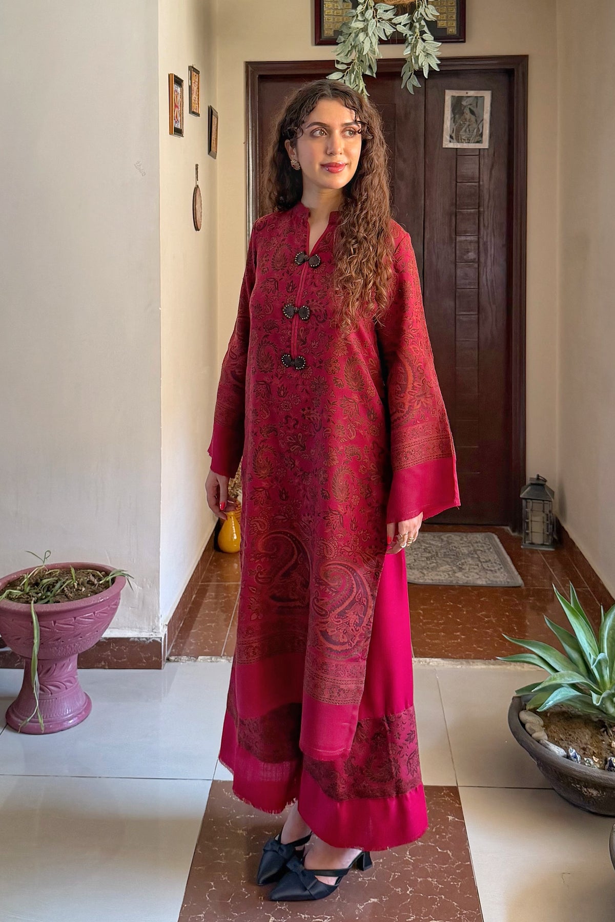 Maroon Artisanal Hand-Woven Kaani Pashmina Mandarin Coord Set